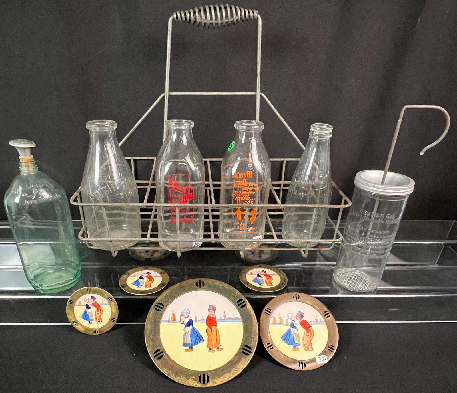 Group of Vintage Milk Bottles, Carrier, More!: A group of vintage items to include an 8 bottle wire milk bottle carrier c1920's, 3 glass milk bottles (Sanitary Dairy- La Crosse, Wi, Wheaton Dairy-Chicago &Pinehurst Dairy-Rockford), A Little