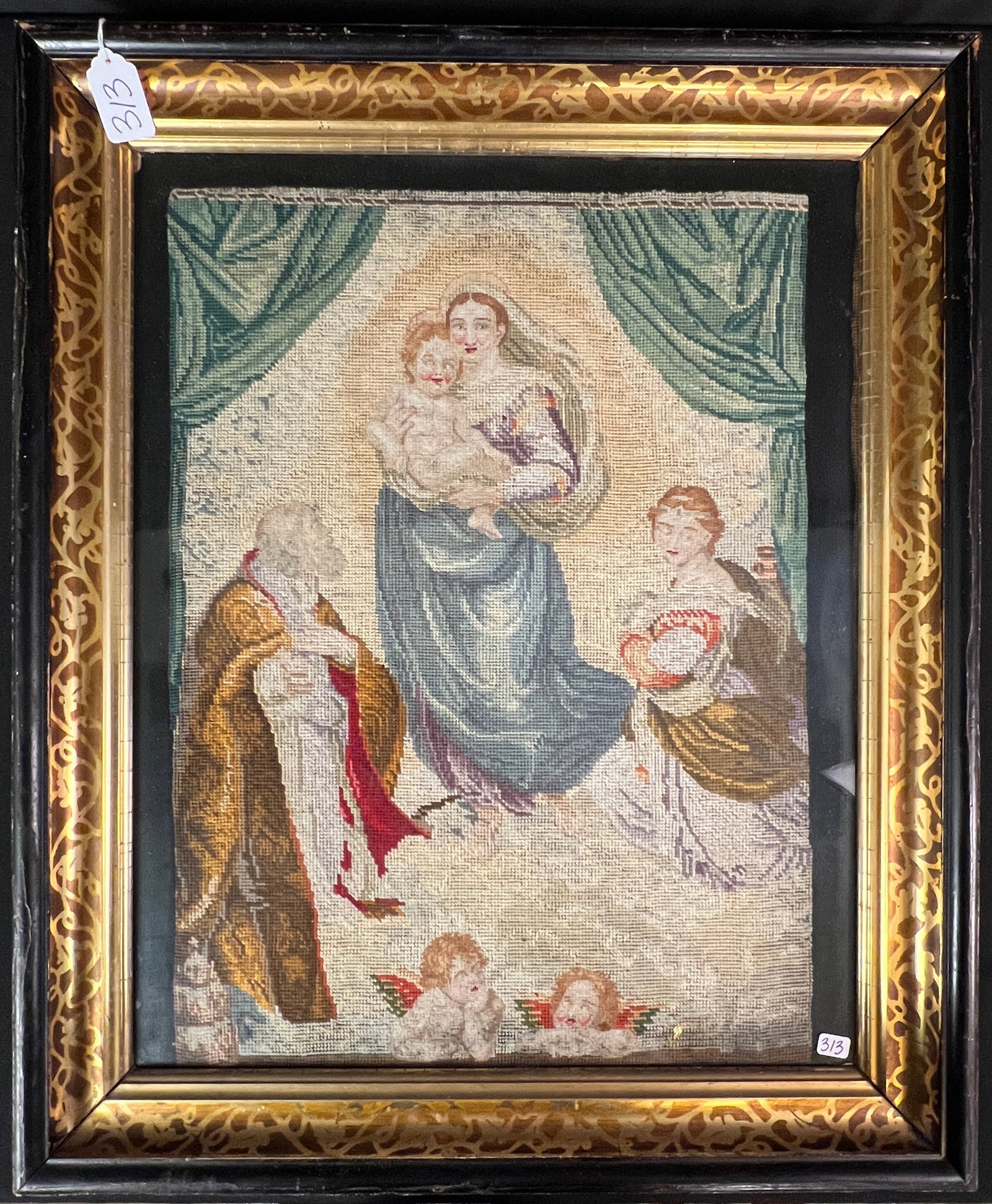 Petit Point Tapestry of Madonna and Child: An antique pre-Civil War petit point tapestry depicting Madonna and Child, Saint Sixtus, Saint Barbara and two cherubs, likely from the 19th century. The tapestry is in excellent condition, in a