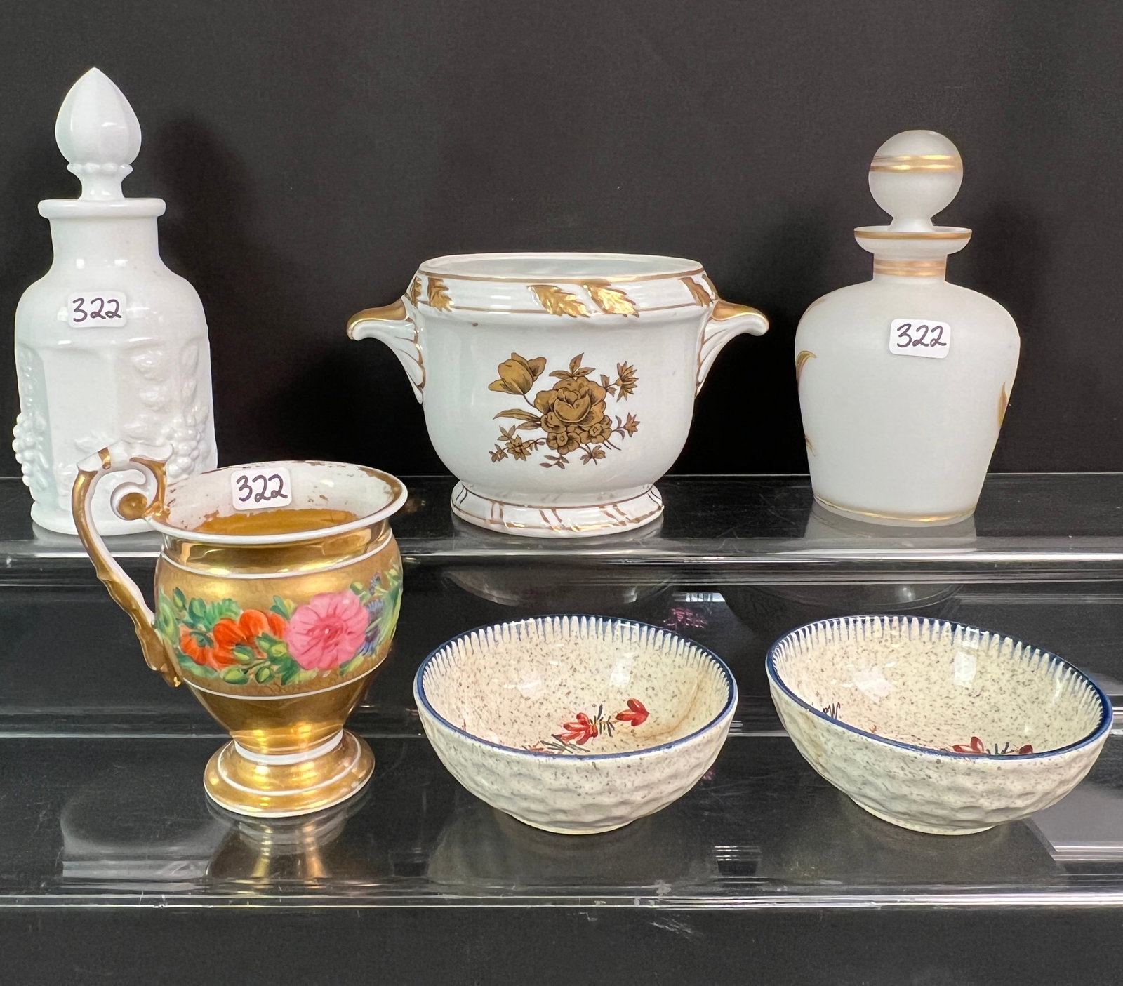 Group of Small Antique Porcelain Items: A group of small porcelain items and more to include a Westmoreland paneled grape perfume bottle with stopper, a satin glass perfume bottle with stopper with gold gilt flowers and gold trim, a footed