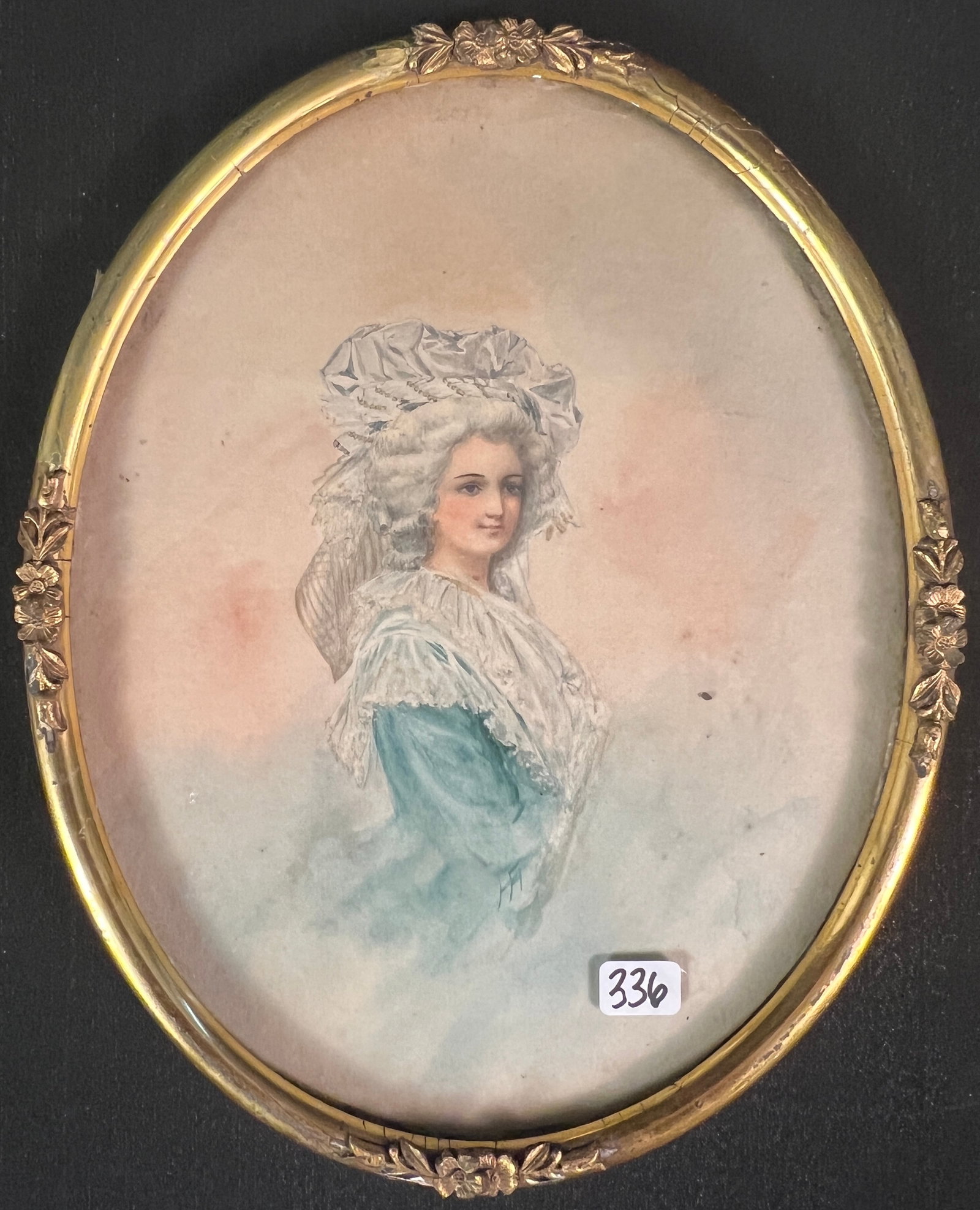 Victorian Framed Watercolor portrait c1890/1900: A period framed late 19th Century French style watercolor portrait of a noblewoman in a 3/4 pose. It features a metal oval period frame with applied floral ormolu. It measures 10.5" tall X 8.5" across
