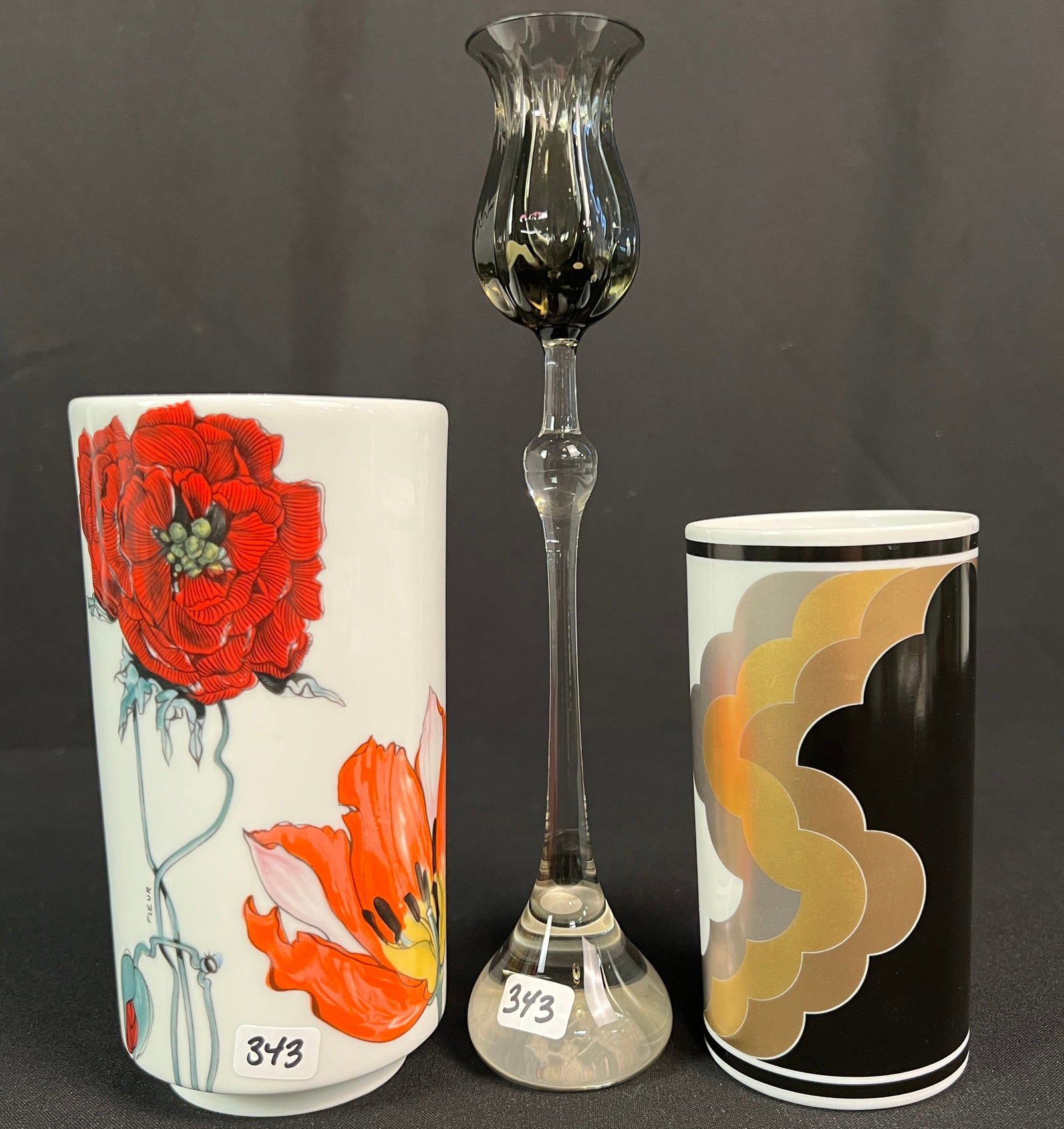 Modernist Porcelain and Crystal, Rosenthal, More!: A group of Modernist quality decorative accessories to include a Bjorn Winblad for Rosenthal "Tulipa " 10" tall candlestick holder, an Op Art porcelain vase by Natali Sapone for Rosenthal Studio Linie