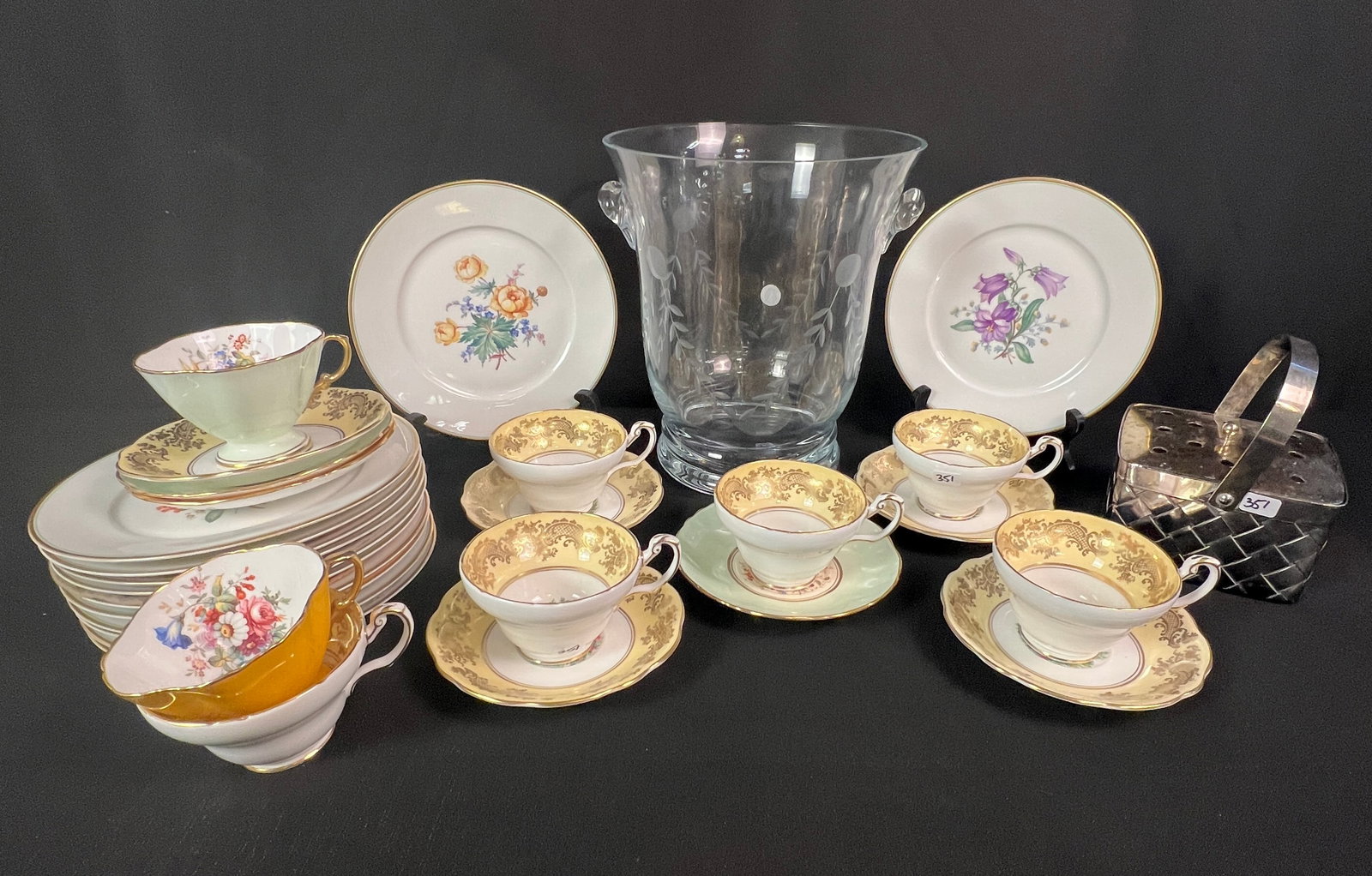 Fine Porcelain Teacups, Plates, More!: A quality group of porcelain to include 12 Krautheim and Adelberg "Wildflower Bouquet" pattern 8" desert plates, 5 E B Foley English bone china teacups and saucers in the "Bird of paradise" pattern, a
