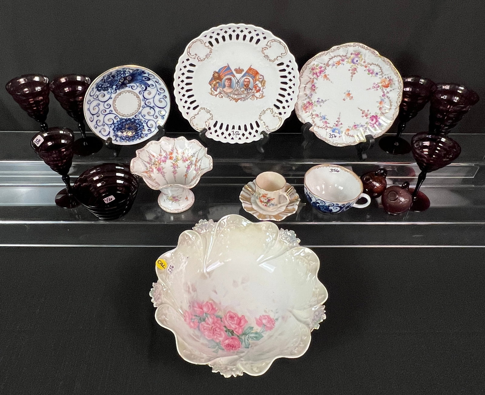 Group of Finer China RS Prussia, More!: A group of fine china to include LFZ Lomonosov Russian porcelain cup and saucer, an RS Prussia bowl with painted roses (3.5" tall X 10.5" across), a hand painted Dresden porcelain pedestal bowl and ma
