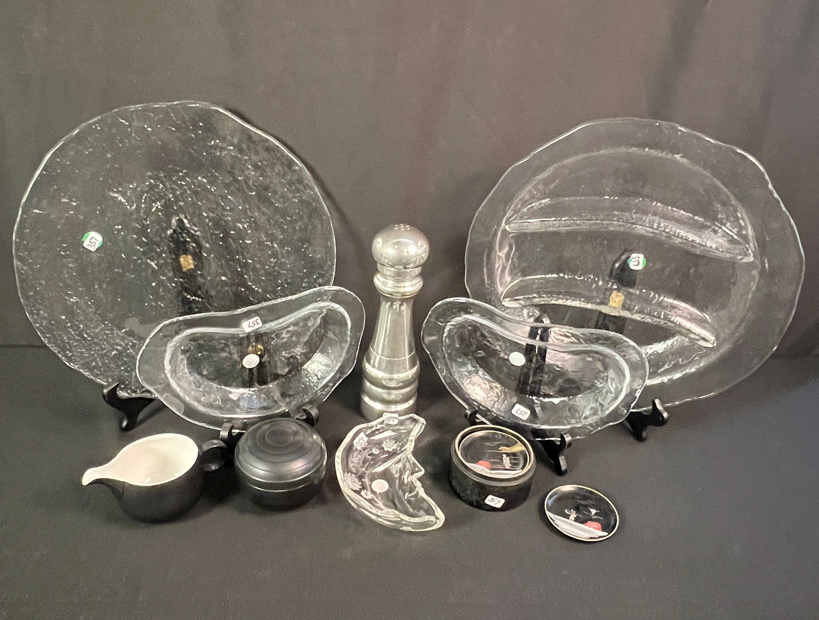 Vintage Group of Fine Glass Furnishings, More!: A group of vintage European serving pieces and furnishings to include a group of Pukeberg Glass Swedish furnishings in the "Melting Ice" pattern . They comprise a large 14" platter, a 14" divided bowl