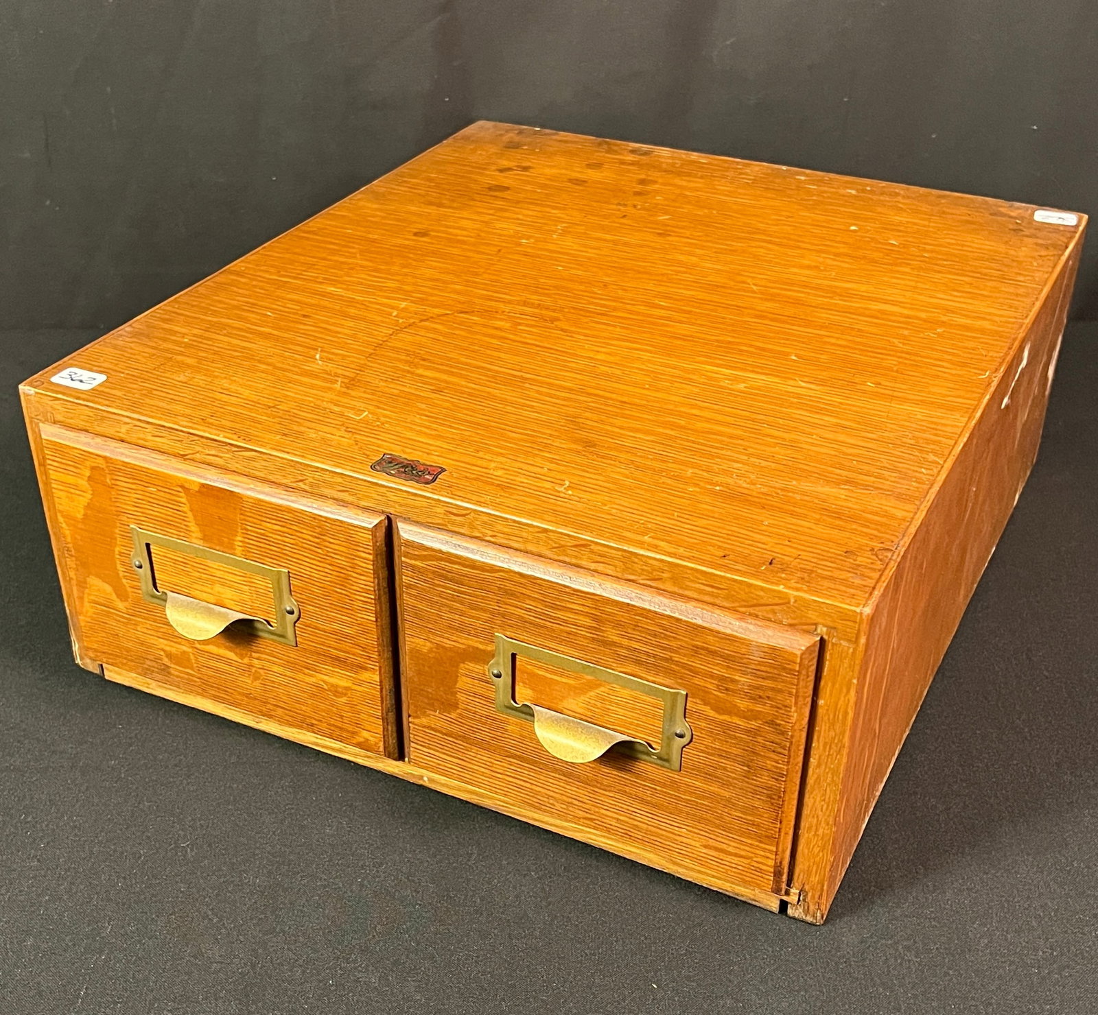 Oak Double Drawer Card File: An oak double drawer card file by Weis. In original finish it measures 5.5" tall X 13" across X 15" deep.