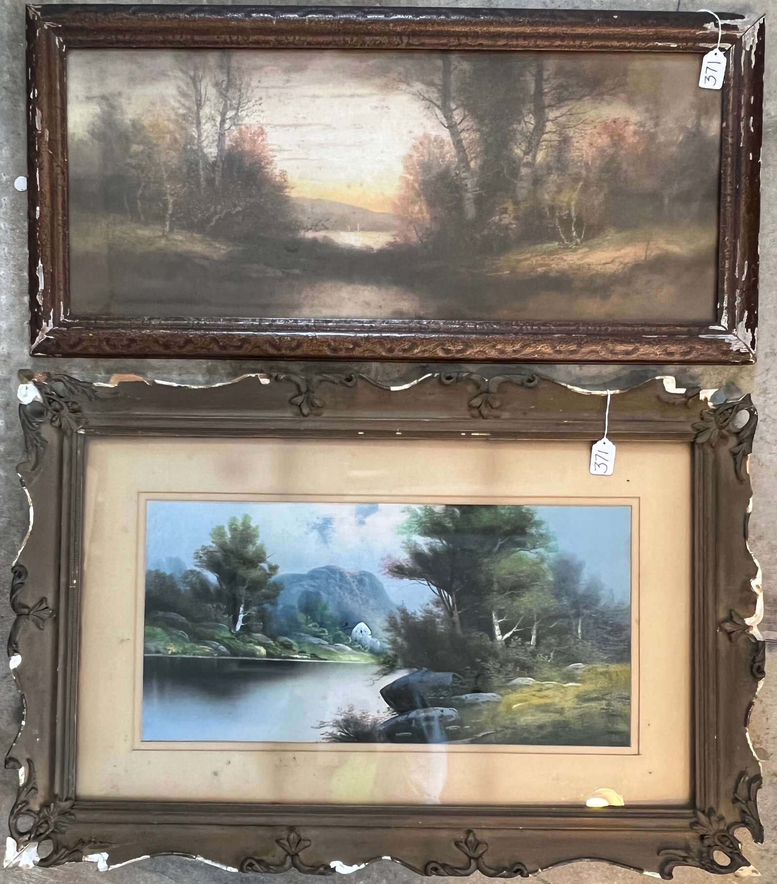 Pair of Turn of the Century Chalk Drawings: A pair of scenic turn of the century chalk drawing attributed to Chandler. One depicts a woodland river scene with a house (measures 23" tall X 35" across framed) and the other depicts a woodland