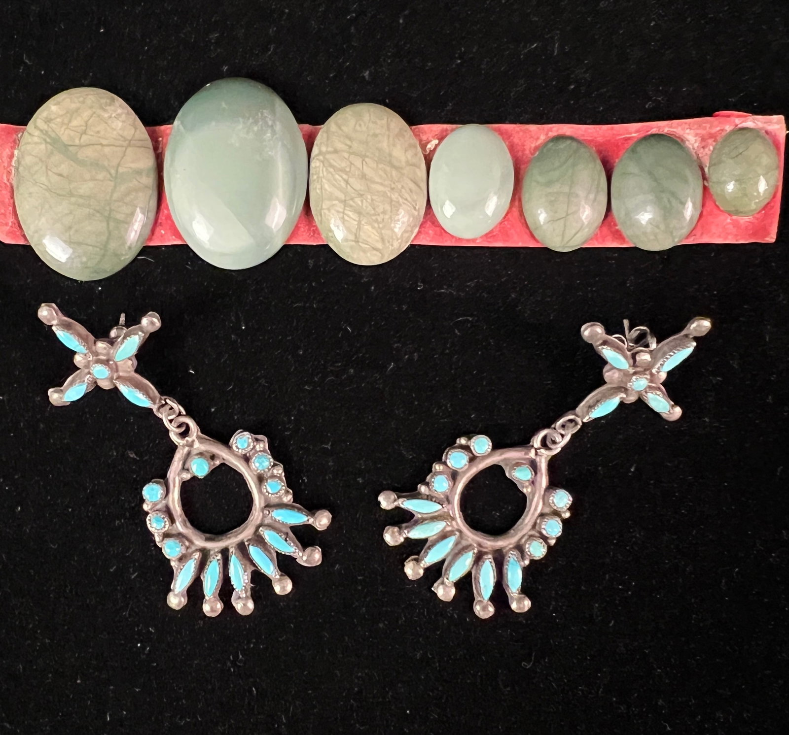 Signed Zuni Petit Point Earrings and Graduated Turquoise: A pair of signed Zuni petit point earrings in excellent condition along with a group of 7 graduated turquoise stones.