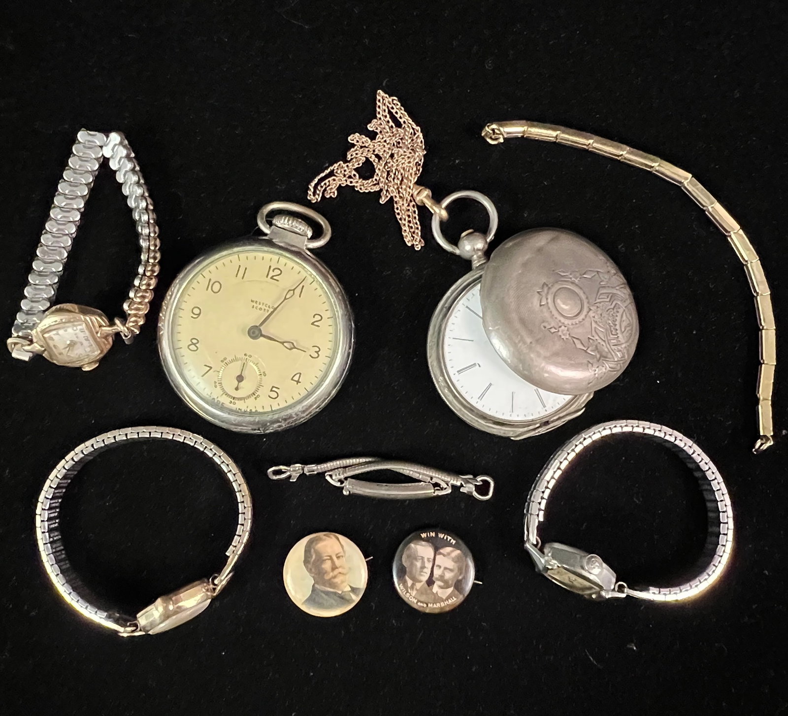 Ladies Wrist Watches, Pocket Watches and More!: A group to include a Victorian ruby jeweled key-wind pocket watch (in as found condition), a Westclox Scotty open faced pocket watch, three vintage gold filled ladies wrist watches, and two wrist watc