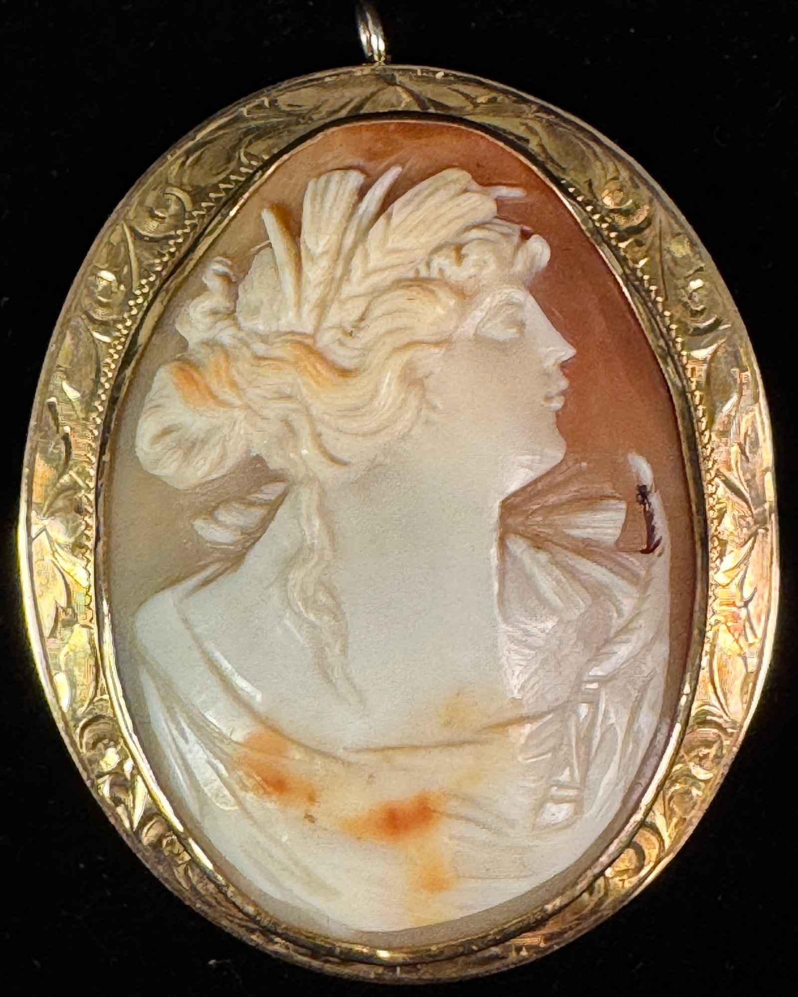 14K Edwardian Carved Cameo Brooch: A beautifully carved cameo brooch set in 14k gold with elaborately carved border. The cameo features a Greek goddess and is in excellent condition, measuring 2.25" tall X 1.75" across.