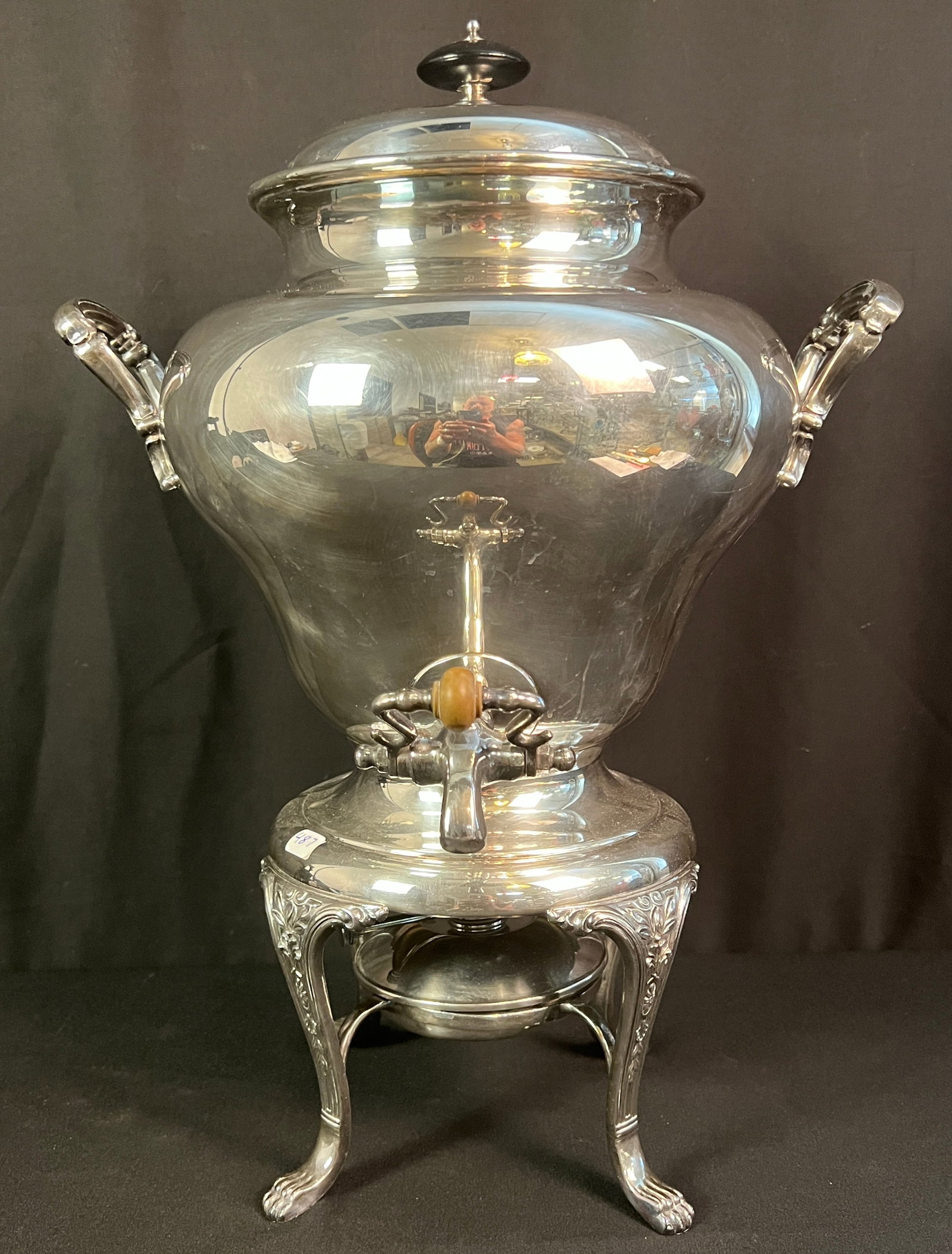 Antique Silver Plate Covered Samovar: An antique double handled samovar with cover and removable burner. It is in excellent condition, it measures 19" tall X 13.5" across.