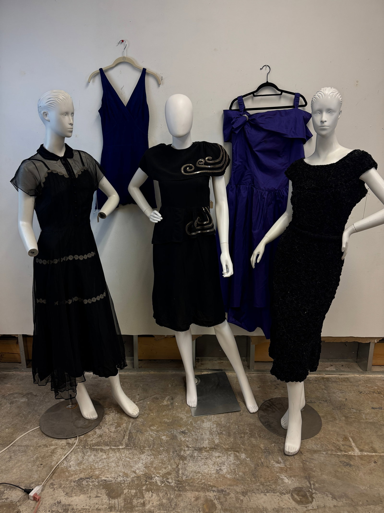 Vintage Group of Ladies 1940/50's Dresses, More!: A vintage group of ladies Cocktail and party dresses to include a 1950's fancy black soutache sleeveless cocktail dress by Bernetti New York that features a side zip, black velvet ribbon work trimmed 
