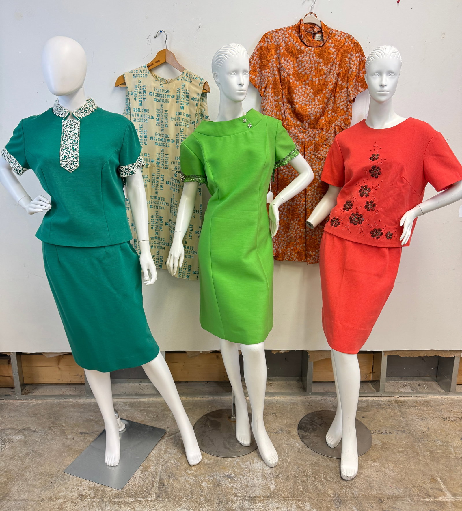 Fancy Vintage 1960's Ladies Dresses and Ensembles: A group of fancy ladies 1960's garments and ensembles to include 2 Marchal Fields Italian knit wool top and skirts ensembles with beaded details, a Ying Tai silk ladies short sleeve dress, a Jefri bri