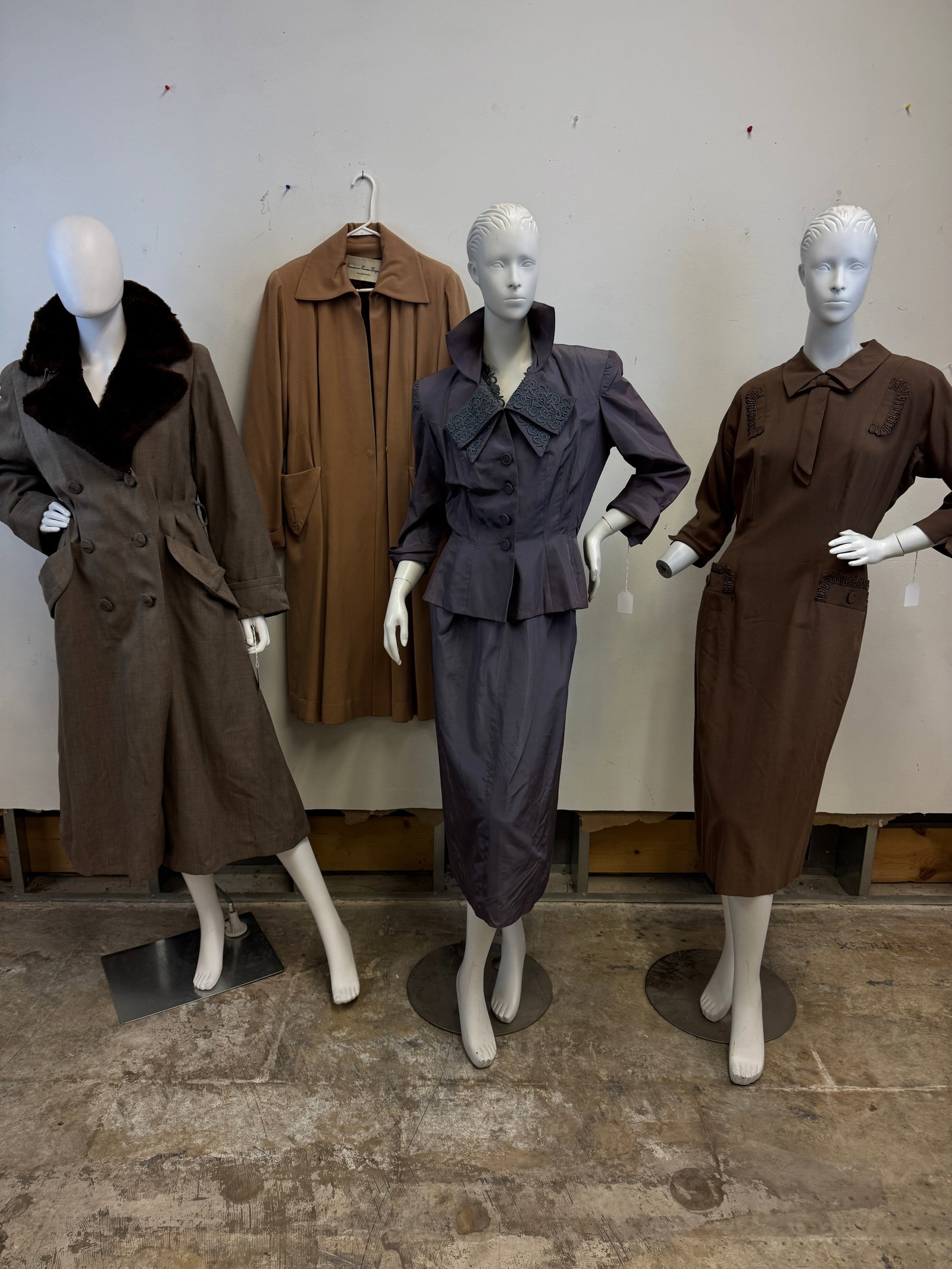 Group of Vintage Ladies Dresses and Coats c1940/50's: A group of vintage ladies 40's and 50's garments to include a Parness Feinstein purple taffeta wiggle dress with lace decolletage, original belt, and fitted jacket (minor fading on shoulders of jacket