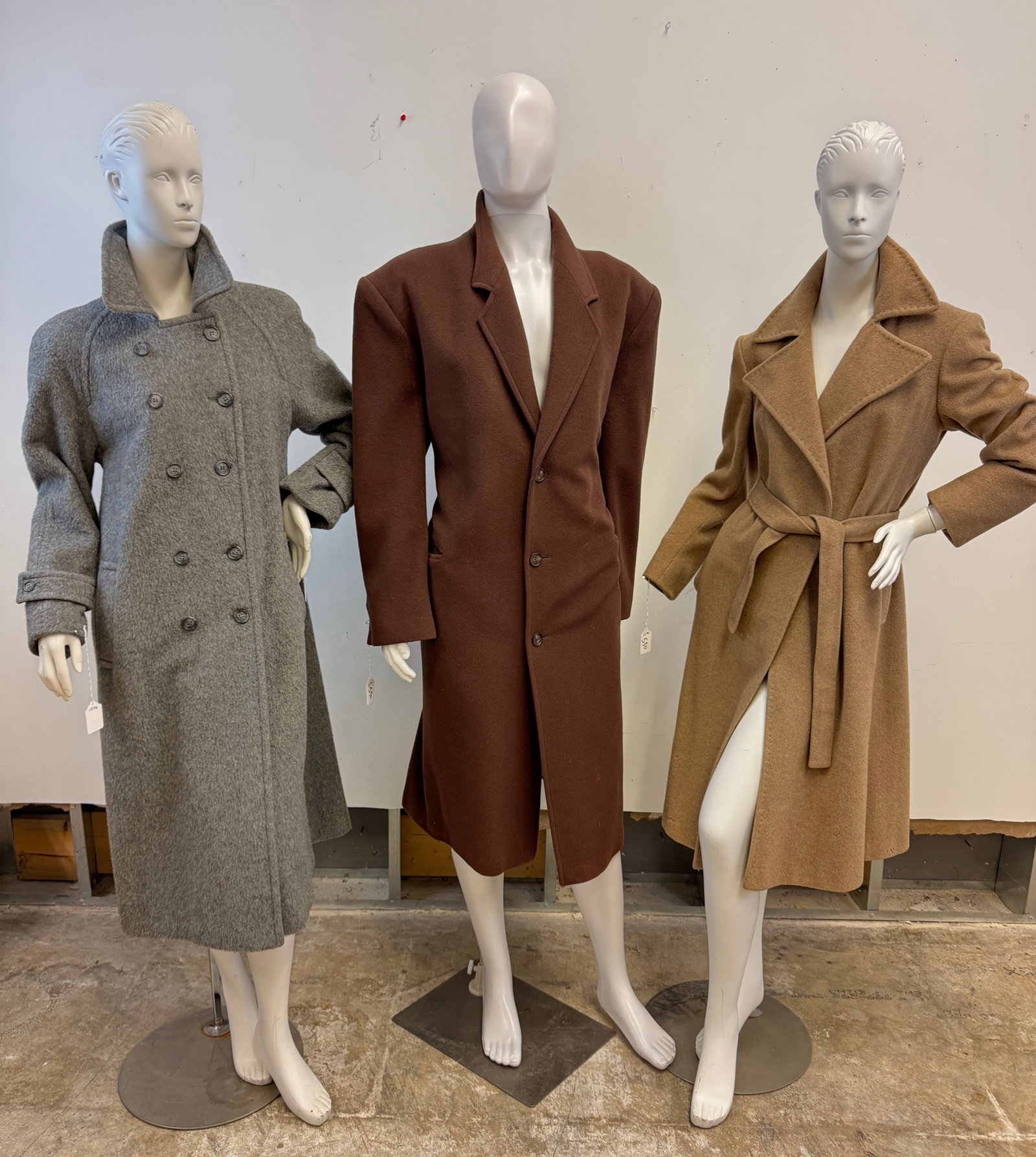Ladies Vintage Coats and Dresses c1960's: A group of quality vintage coats c1970's to include a tan cashmere Mr. Vincent sash tie ladies coat, a brown men's wool Stafford topcoat size 48 long, and a grey wool Evan Picone double breasted ladie