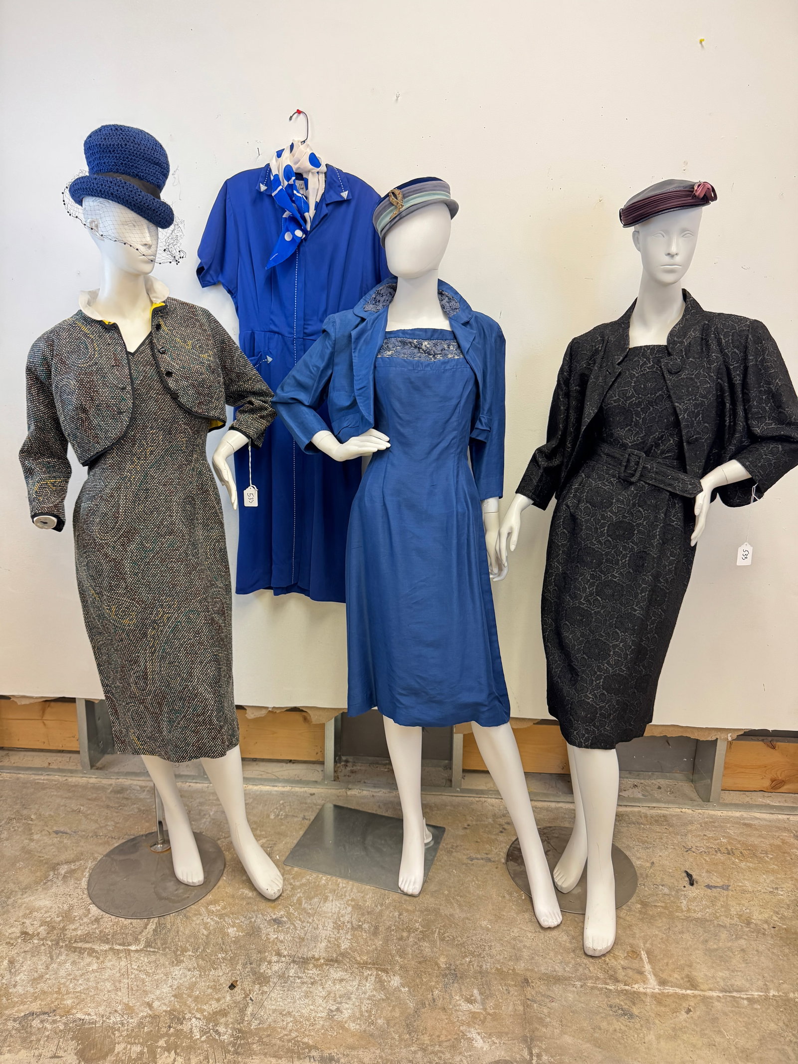 Vintage group of 1950's and 60's Dresses & Hats: Group of vintage 1950's and 60's dresses to include a 50's Brown Dress Original blue polished cotton wiggle dress with lace detail bust panel and matching jacket, a 1950's Pat Hartley Original