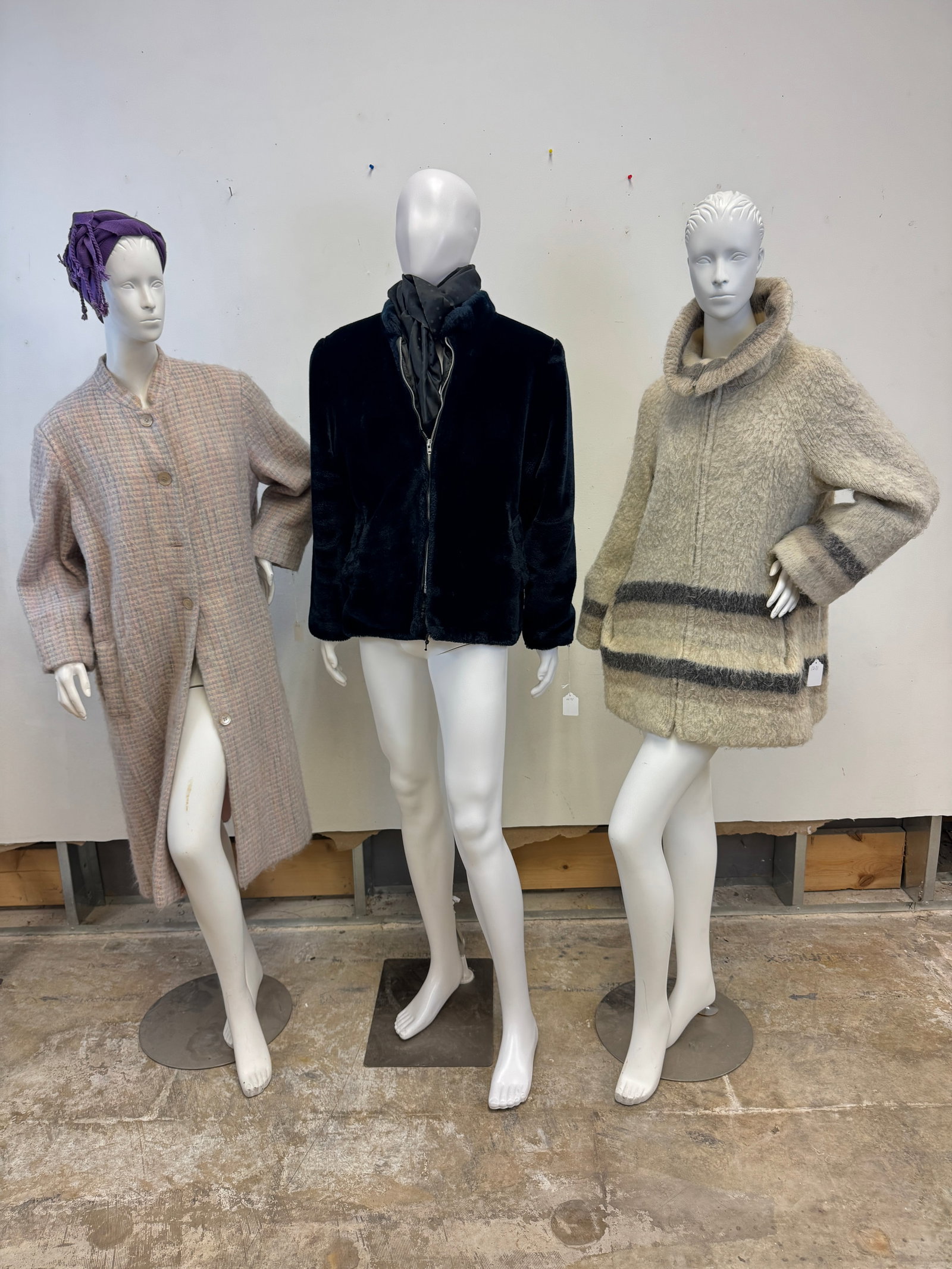 3 1970's Ladies Vintage Coats: 3 Vintage ladies coats to include a Nate Kaplan mohair button front pastel plaid coat with side pockets (missing buttons), a wool Eiderknit Icelandic knit front zip striped car coat with a rolled coll