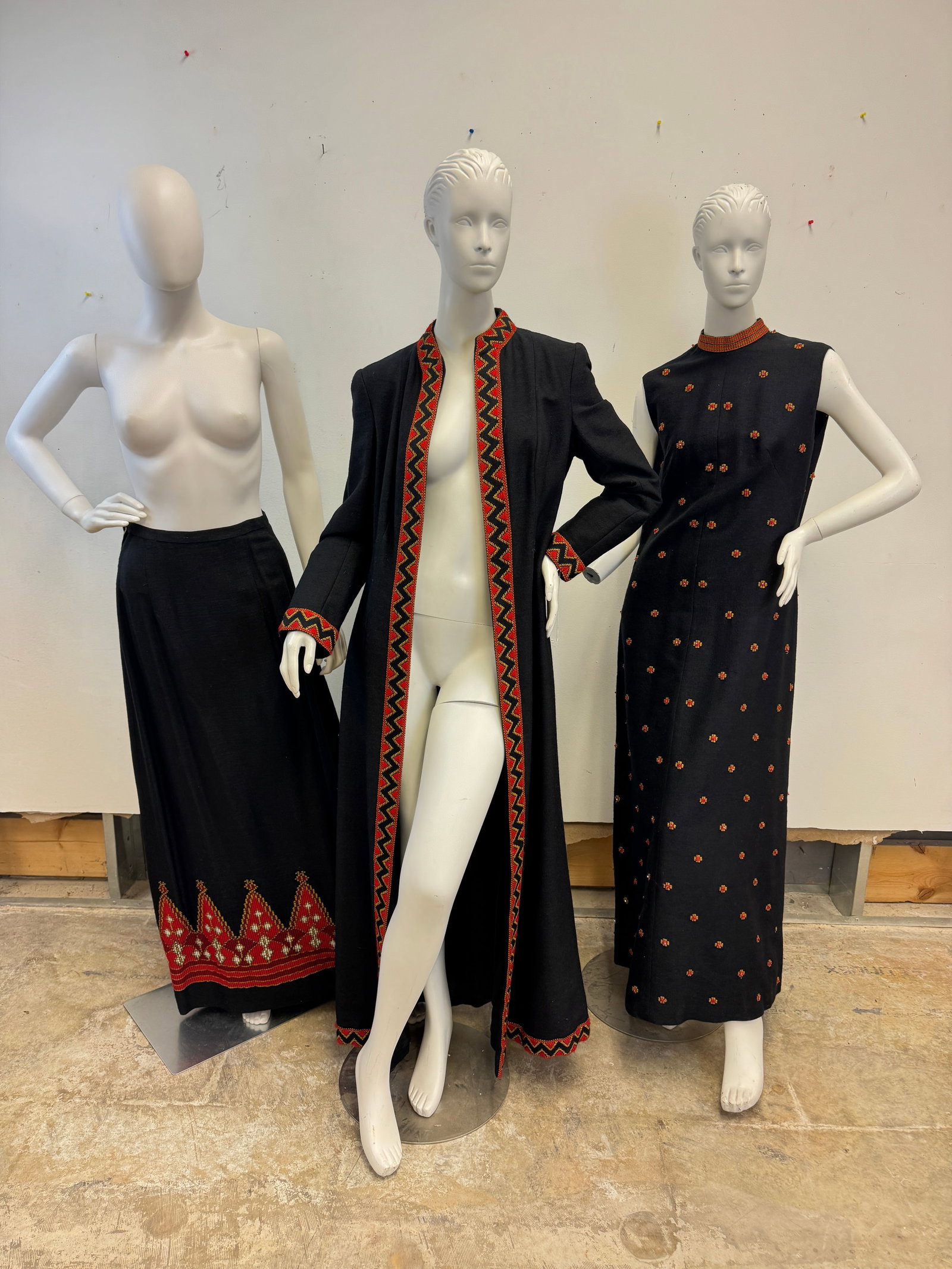 Vintage Nikos Takis Greek Couture 3 Pc Embroidered Evening Dress c.1970's: A vintage ladies 3 pc. Nikos Takis Greek Couture black wool embroidered evening ensemble c.1970's to include a full length fitted sleeveless dress with red and gold embroidered pattern and neckline, a
