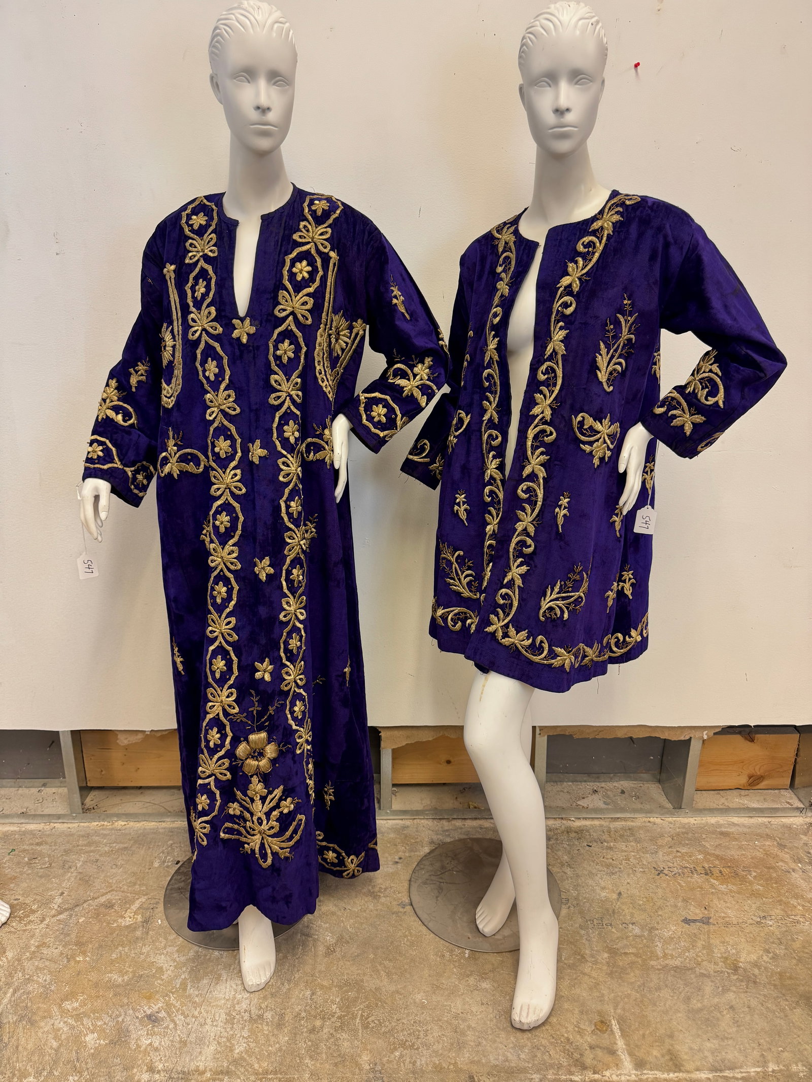 Rare Antique Ottoman Silk Velvet Silver Embroidered Bindalli Wedding Dres and matching jacket: A rare antique Ottoman Empire royal purple velvet Bindalli wedding dress and matching jacket which features extensive intricate dival style silver wrapped thread embroidery and lined in muslin in very