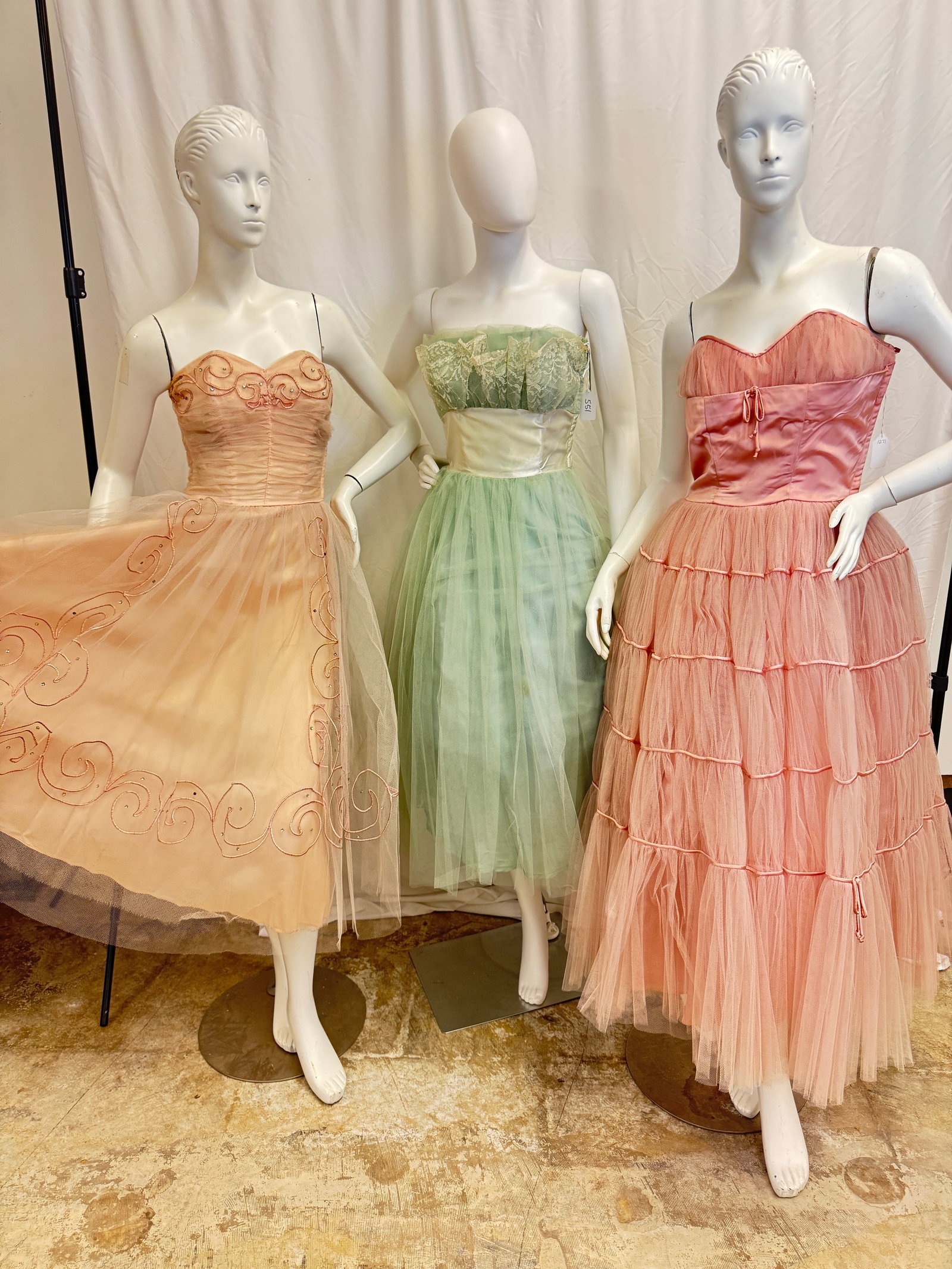 3 Tulle Strapless Cocktail Gowns C.1950's, More!: 3 Vintage tulle strapless cocktail gowns c.1950's to include a pink Fred Perlberg gown with embroidery and set rhinestone detailing, a seafoam green gown with side satin band waist and lace bust overl
