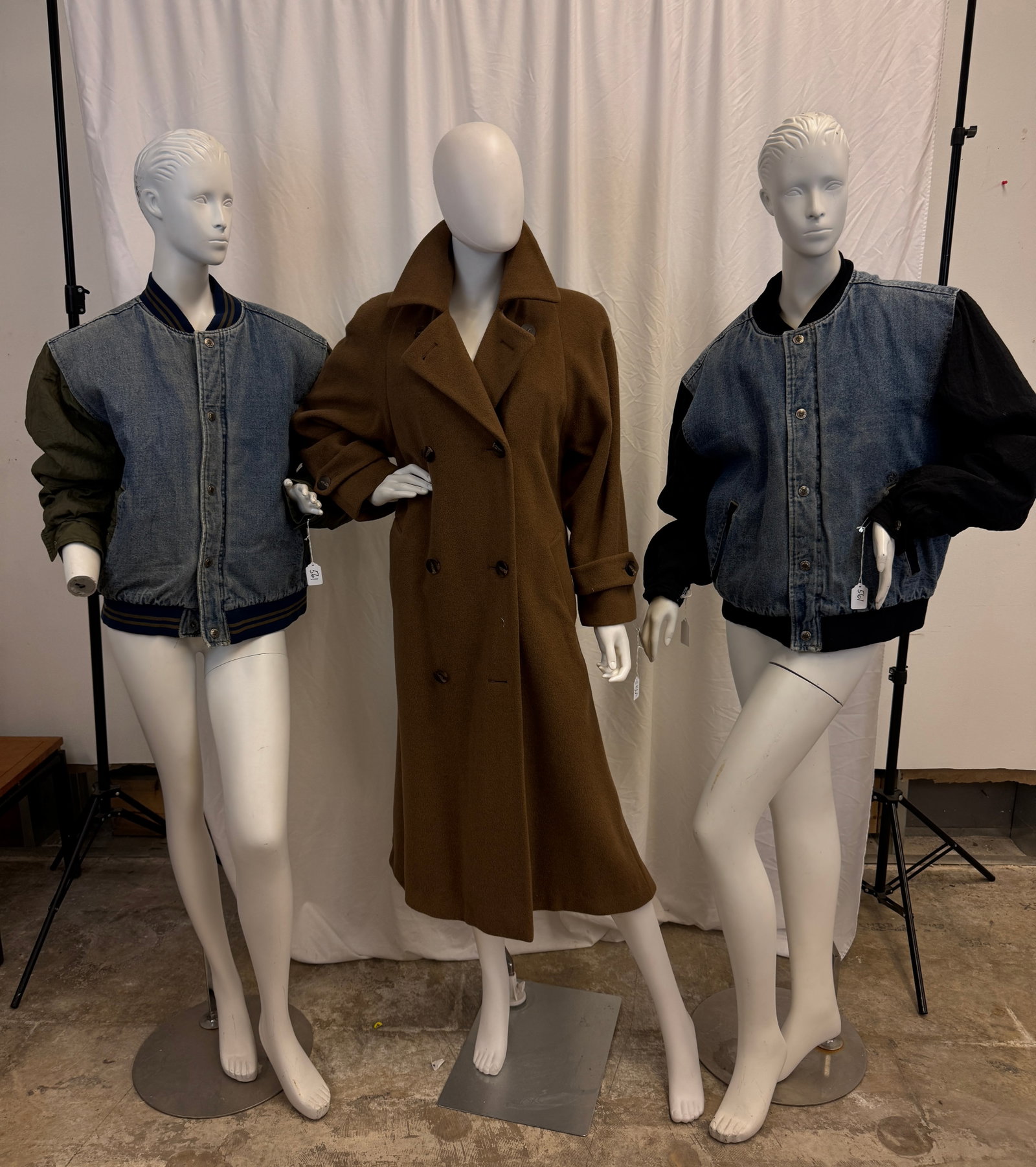 Vintage Group of Men's and Ladies Coats, Cashmere and Denim: A vintage group of garments to include 2 men's 1980's Canyon Blu River denim men's jackets with nylon sleeves sz medium, and a Regency Cashmere brown double breasted ladies coat with 4 point collar . 