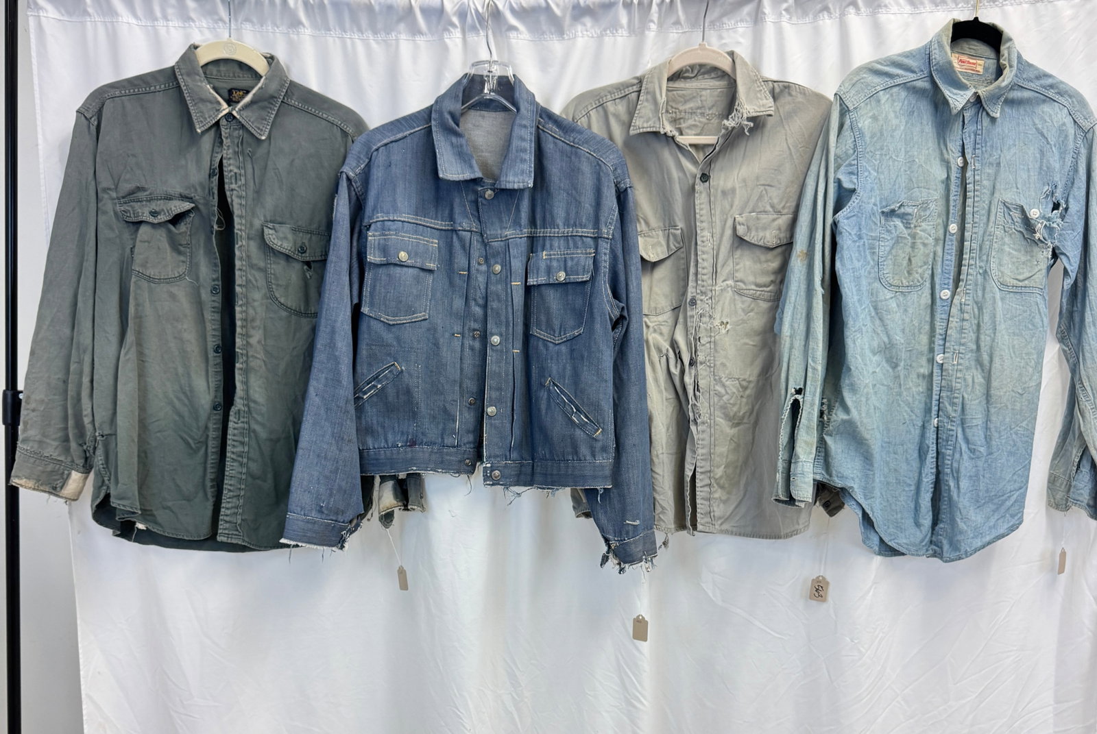 Vintage Men's Denim Work Shirts, Jean Jacket: Vintage Men's Workwear to include a 1960's JC Pennys Jean Jacket (open seams in these back and wear along waist), power House denim blue work shirt with stains and holes c1950's, early 50's cotton kha