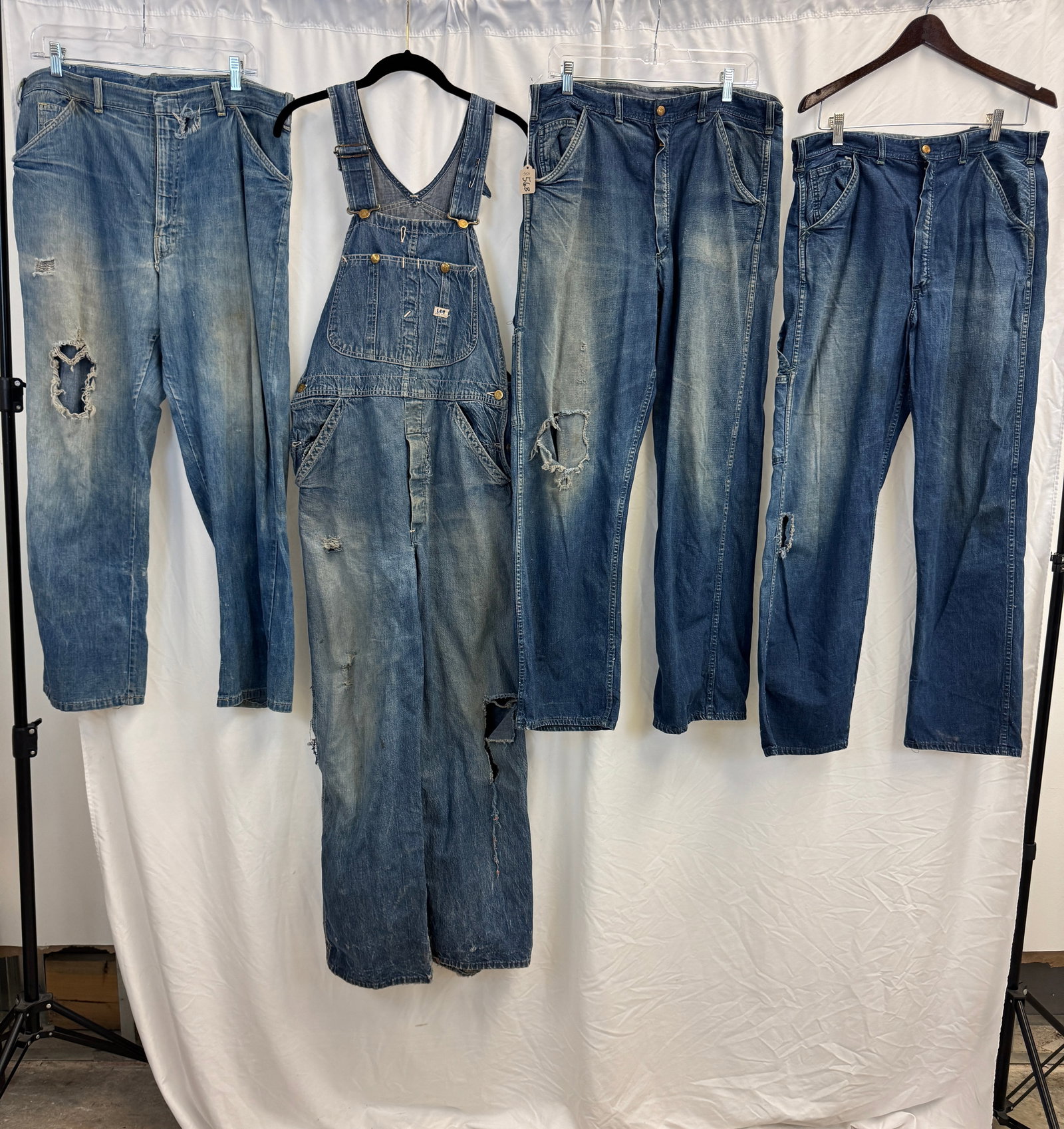 Vintage Men's Blue Denim C1940/50's , Carter's More!: A group of men's vintage denim to include a pair of 1940's Lee overalls-34" waist with holes and wear, a pair of Carters 34" waist work denim pants with patch pockets and tool pockets (holes noted),