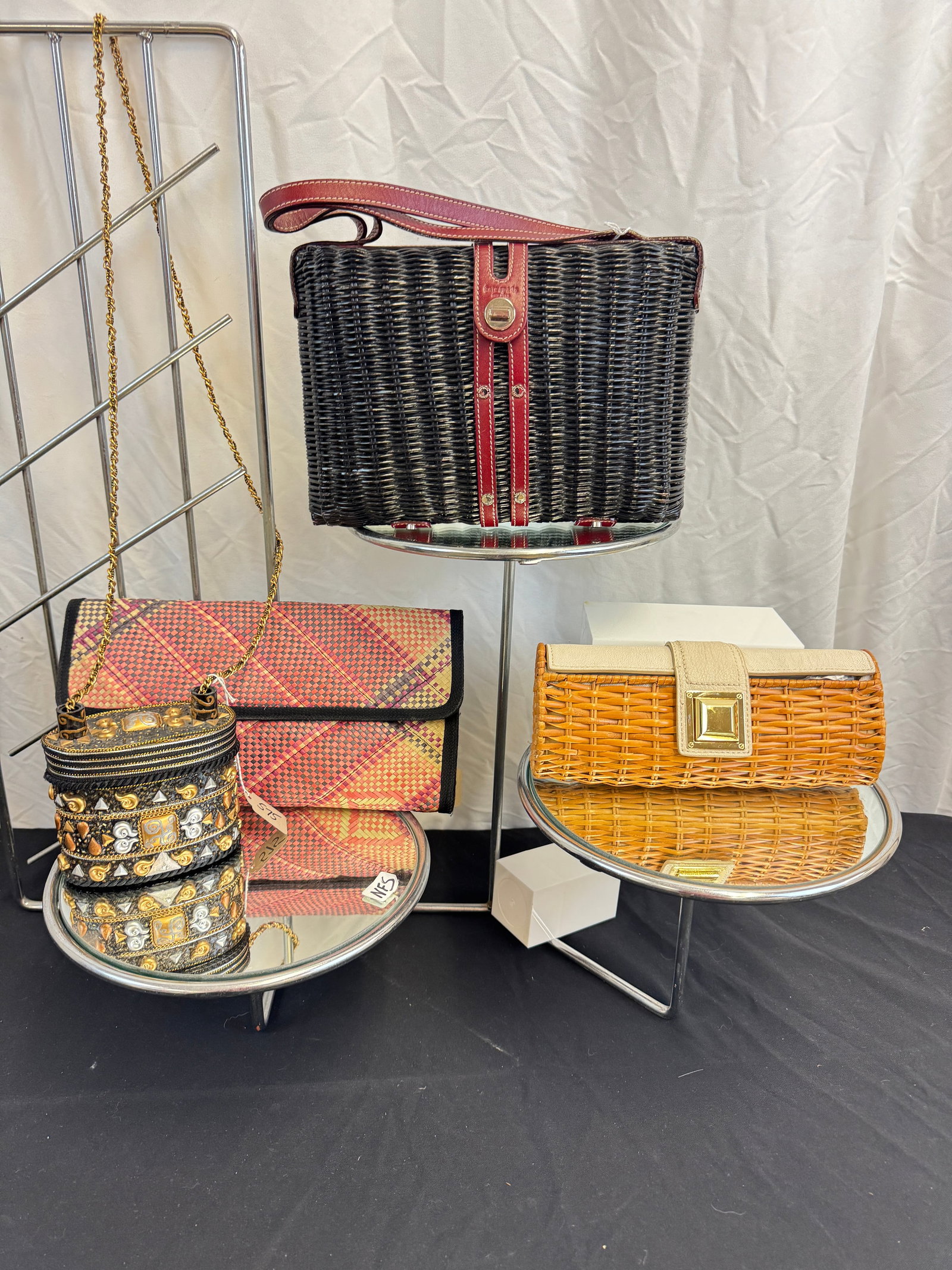 4 Vintage Straw Purses: 4 vintage ladies bags to include a Michael Kors Straw Clutch, a Kate Spade black straw handbag with cordovan leather detailing, an 80's Roberto Sanches woven straw clutch and an 80's beaded and embell