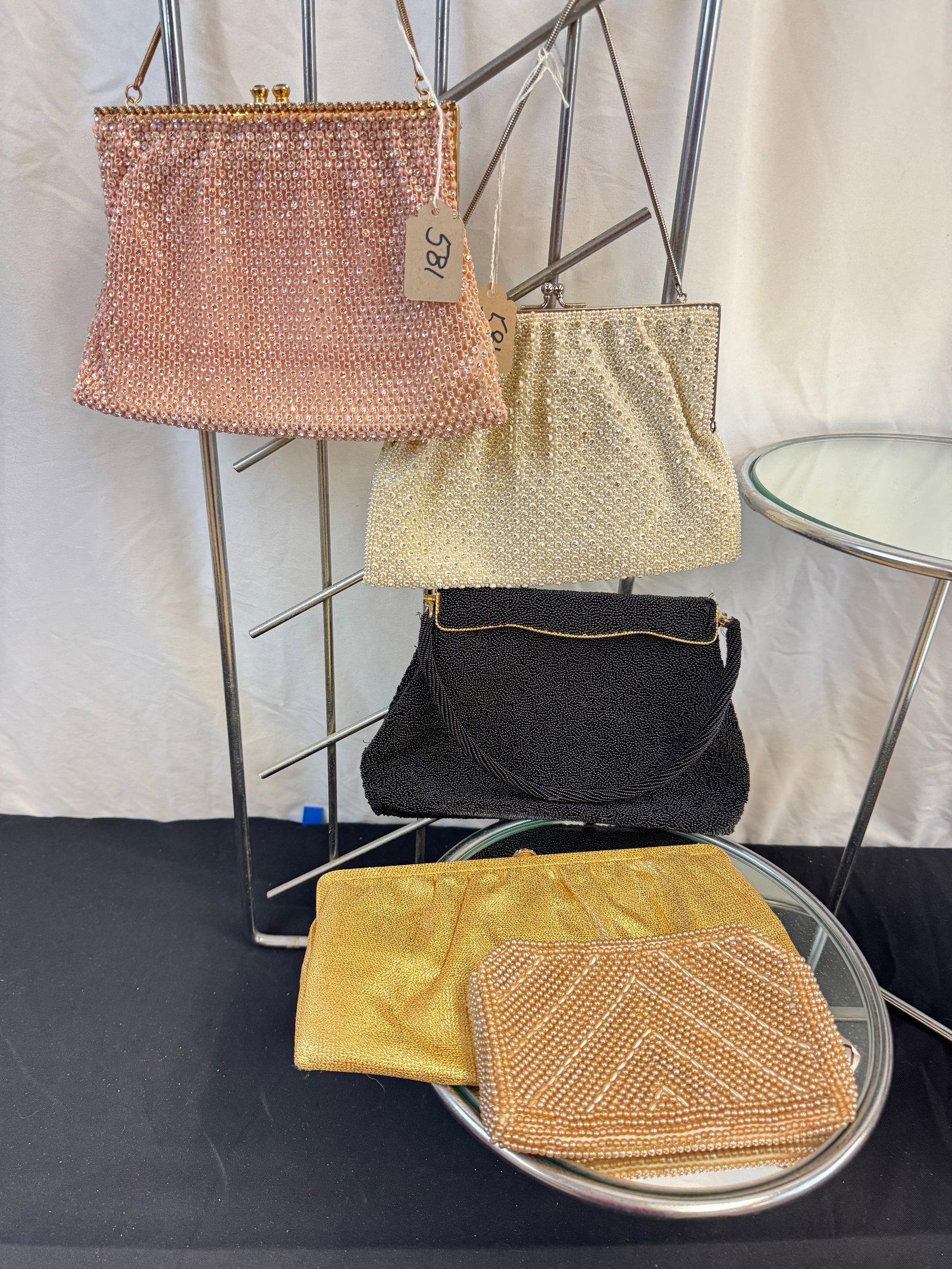Vintage Group of ladies Evening Bags c1960's: A group of very fancy vintage 1960's evening bags to include a Magid a white Magis pearl and rhinestone encrusted handbag with silver accents, pink rhinestone encrusted handbag with gold serpentine ch