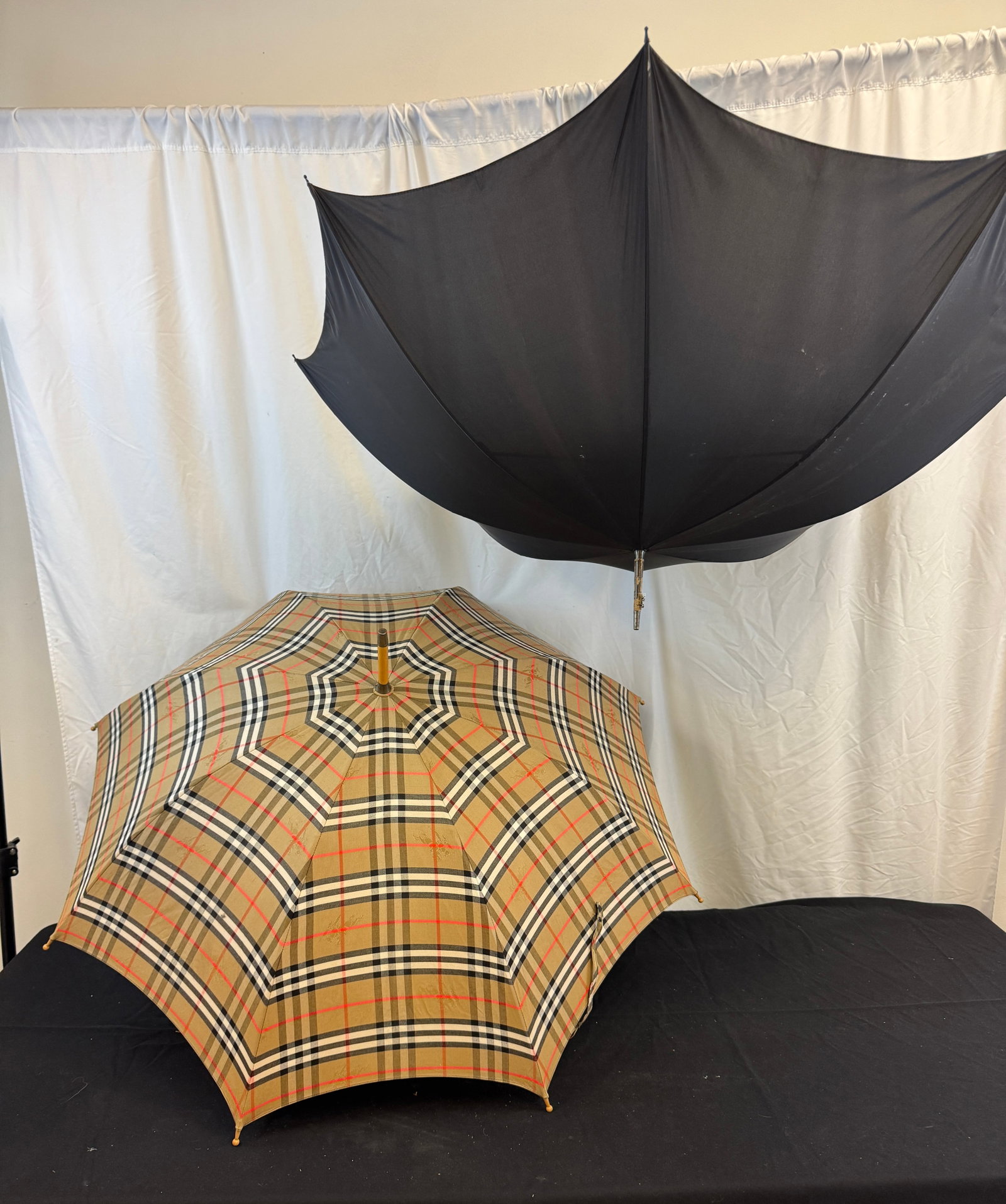 Burberry Vintage Signature Logo Umbrella, More!: A vintage Burberry canvas umbrella in signature plaid with horse logo in excellent condition, and a black Kendall umbrella in good condition.
