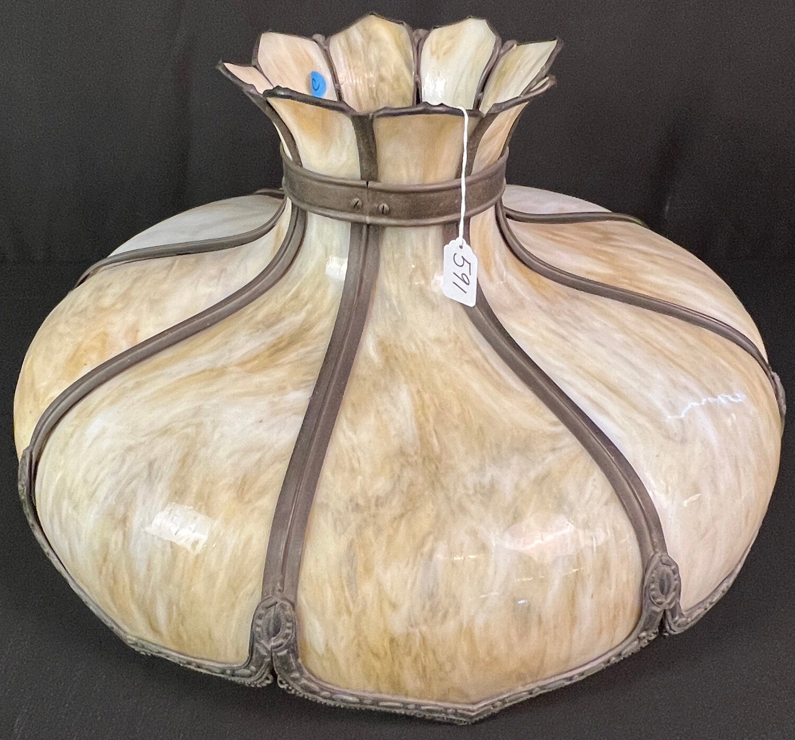 Hanging Bent Panel Shade: A 1900s fancy filigreed frame hanging shade with caramel slag bent panels. In excellent condition, the shade measures 23" across.
