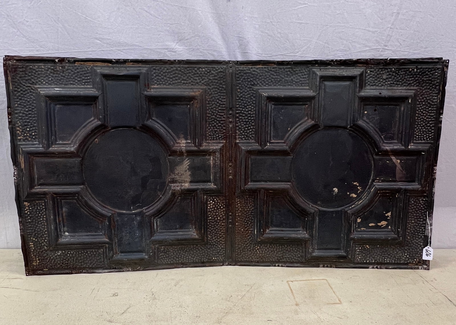 Five Sheets of Victorian Ceiling Panels: A group of five Victorian fancy double sheets of tin ceiling panels. In as found condition, they measure 49" X 24".