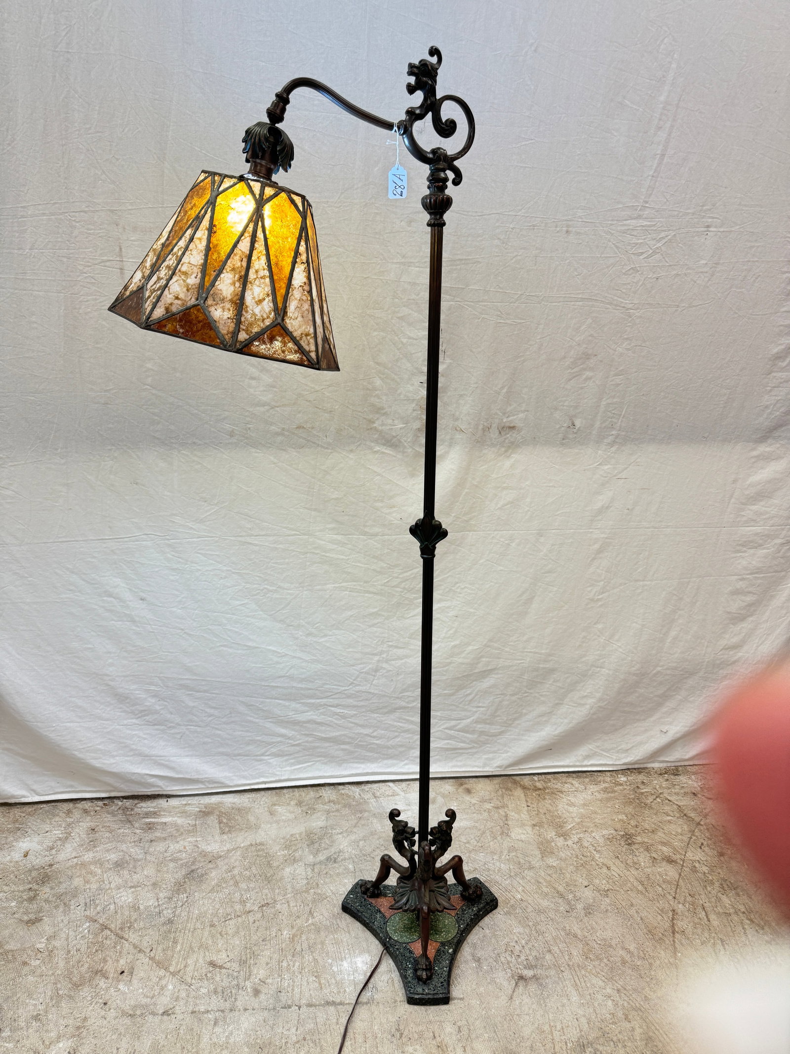 Bronze Floor Lamp w. Mica Shade c1920: A fancy solid bronze floor lamp c.1900 that features griffon foot over terrazzo base, curly-cued arm with original mica shade in very good condition.