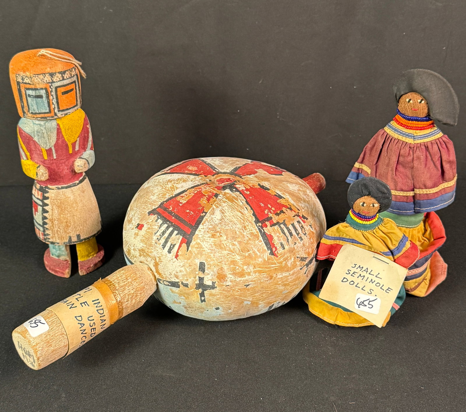 Native American Group, Hopi Rain Dance Rattle, More!: A group of Native American items to include a Hopi gourd rattle c.1936 used in rain dance that features hand painted designs,( 13" tall X 6.5" across X 4" deep), a wood Hopi Katsina doll c. 1936 that 