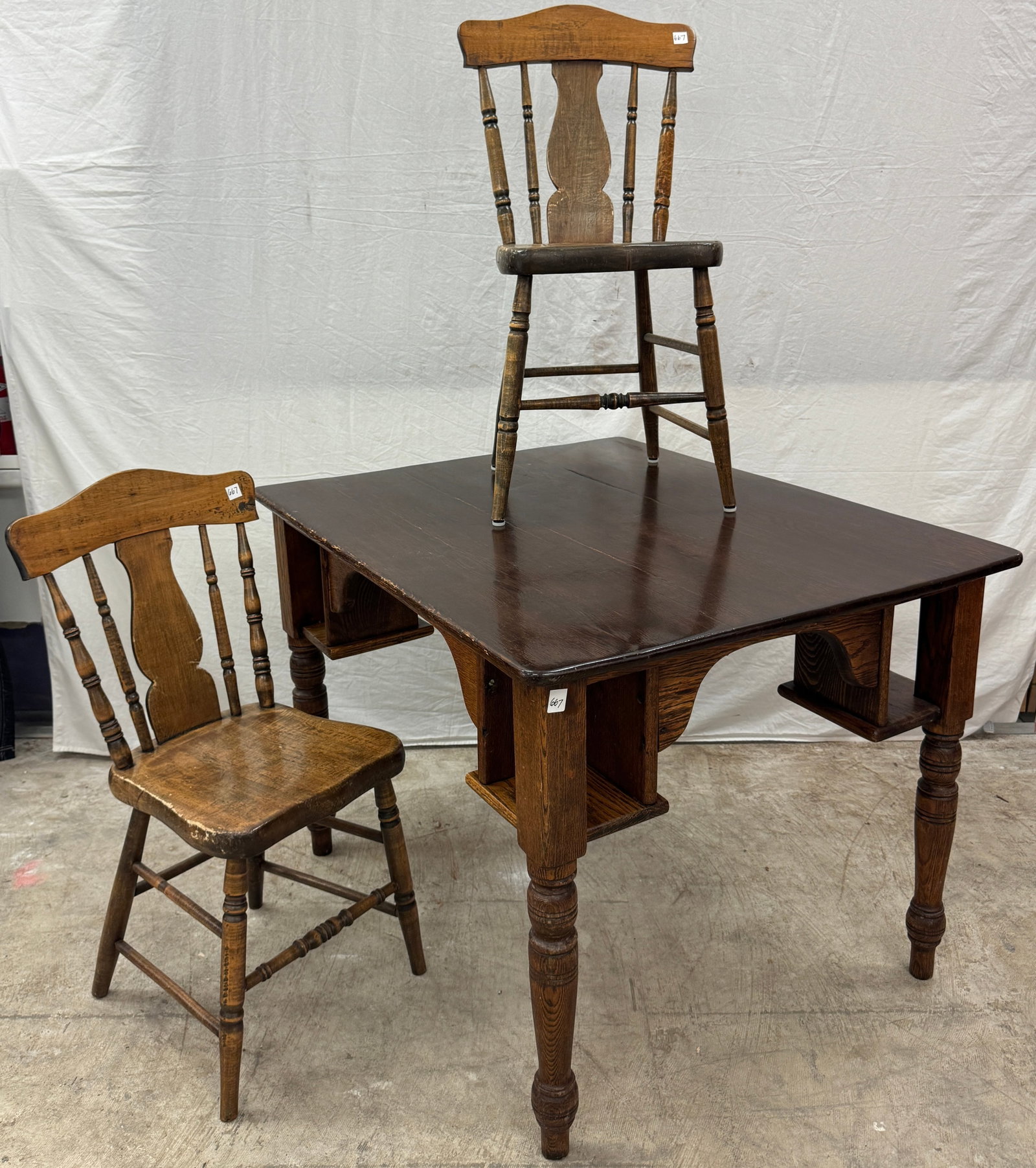 Oak Pub Table and 2 Plank Seat Chairs (1 of 9)