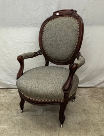 Victorian Walnut Ballon Back Chair c1870's: A Victorian walnut balloon back chair with carved frame and legs, original white porcelain castors and recovered in a grey tweed with decorative brass tacking in very good condition.