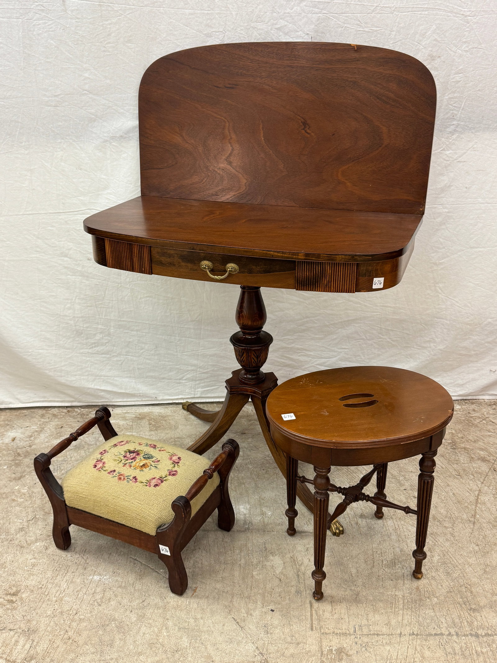 Mahogany Flip Top Gaming table, More!: A Federal Style Mahogany flip top gaming table that features a turned acanthused carved post and brass paw capped feet in fair condition (30" tall X 32" across X 15.5" deep closed, opens to 31"
