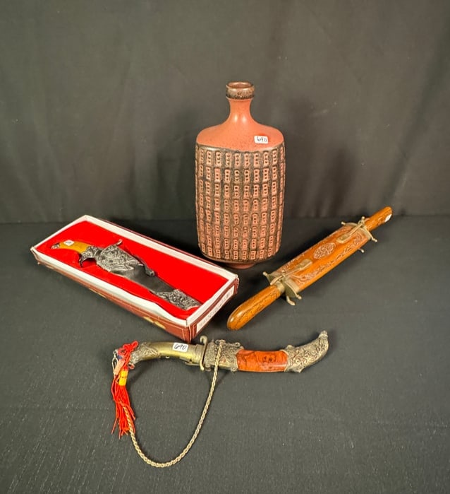 Vintage Group of Decorative Knives, More!: A vintage group of Very sharp decorative knives to include a 12" long mogal style curved knife in a fancy scabbard. a 14" long Dorado style knife with a pistol sheath ion it's original box, and an