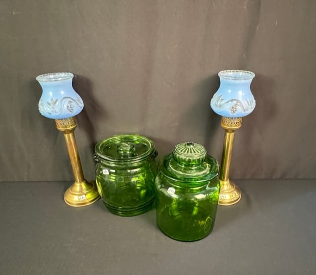 Antique Brass Candlesticks, Green Glass Cookie Jars c1940's: A vintage group of Household good to include a pair of 16" tall brass candlesticks with pressed blue grape pattern shades (tarnishing noted on shafts of candlesticks), an L. E. Smith green glass