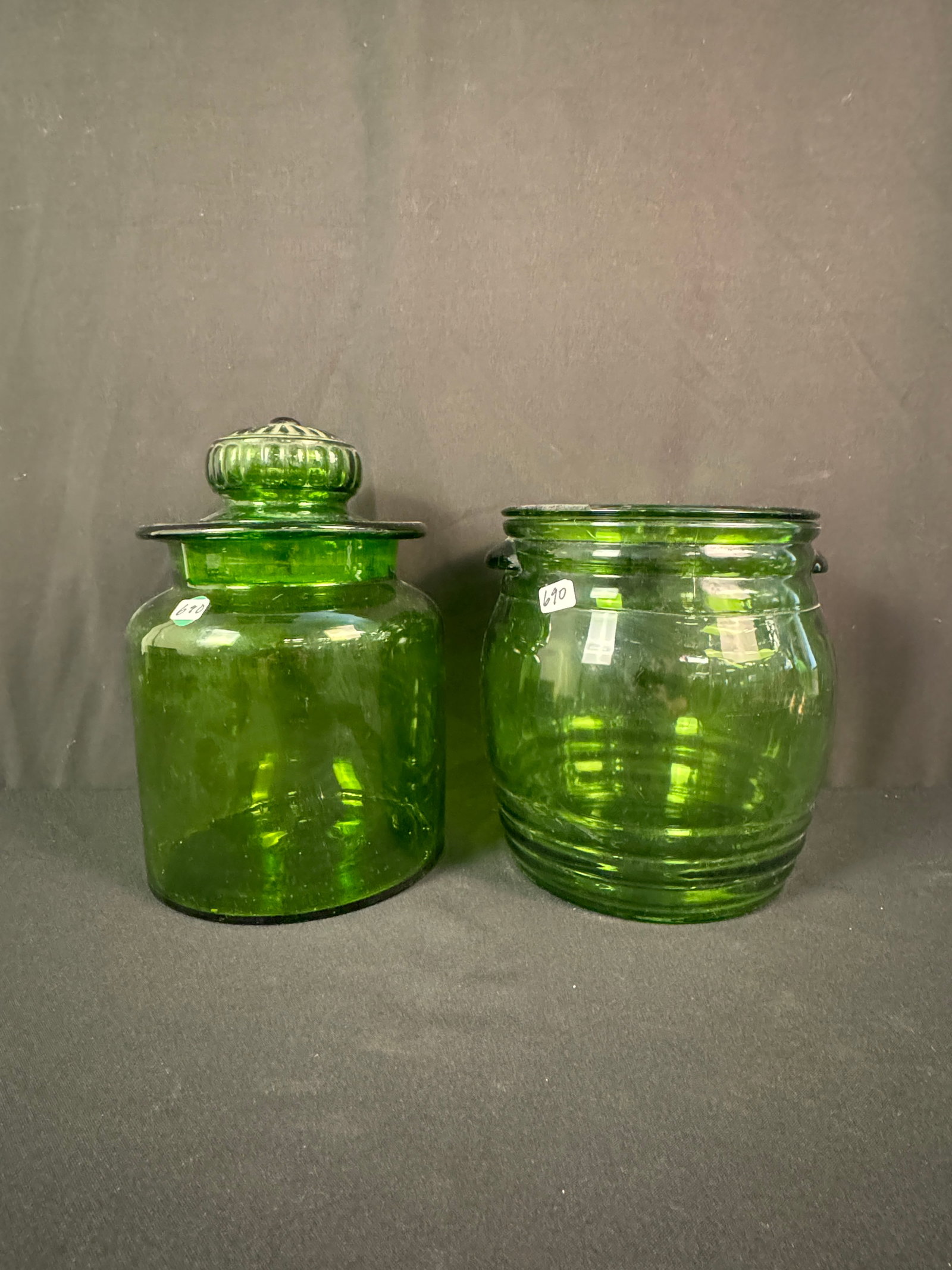 Antique Brass Candlesticks, Green Glass Cookie Jars c1940's - 2