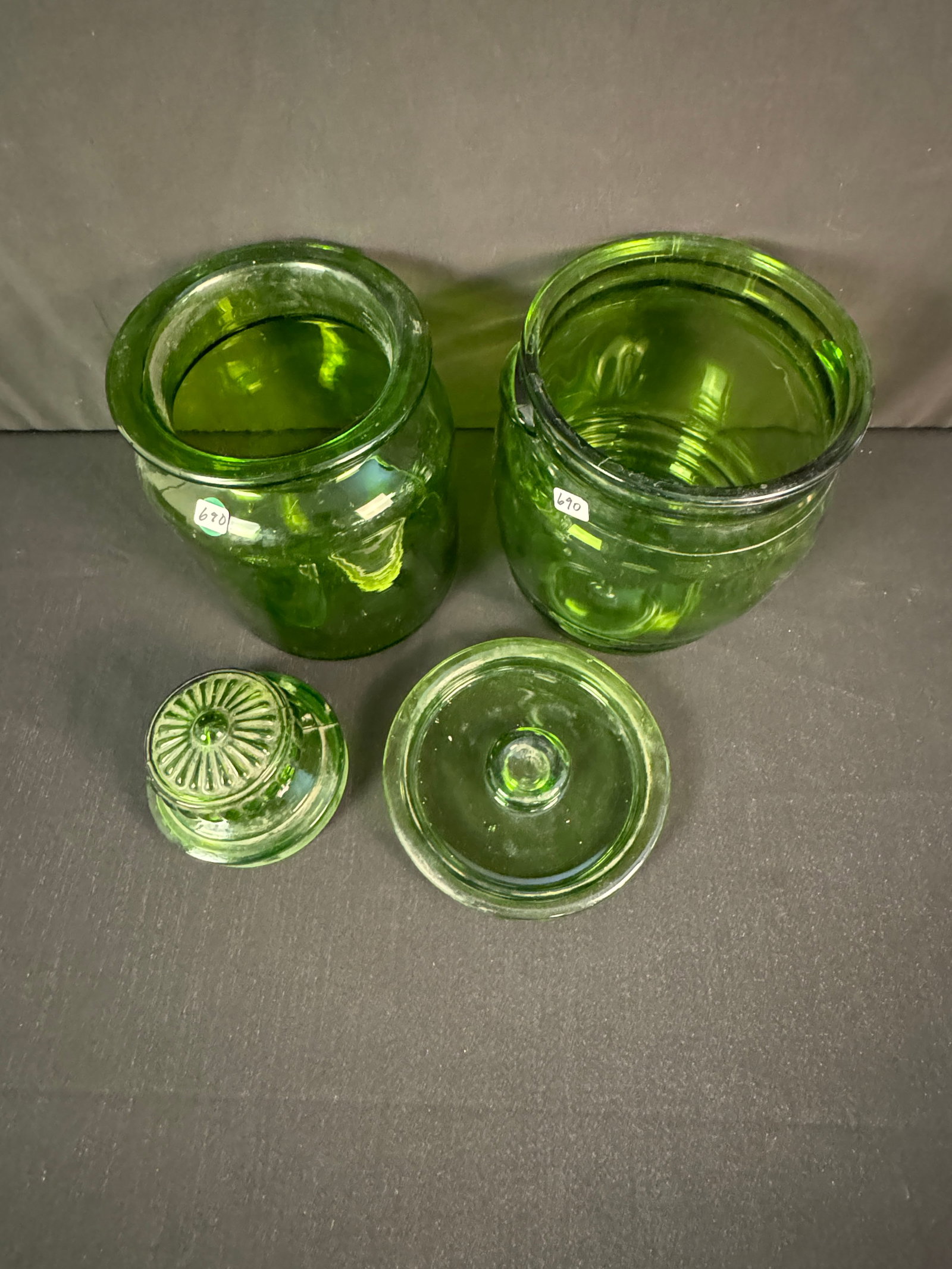 Antique Brass Candlesticks, Green Glass Cookie Jars c1940's - 3