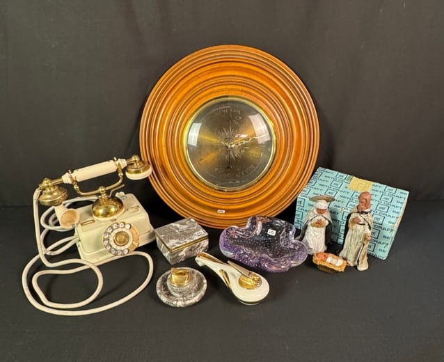 Group of Decorative Mid Century Home Items, Tobaccoiana, More!: A group of mid century tobacco related items and decorative objects to include a grey marble 1950's Evans cigarette set that includes a lidded cigarette box (small chip out of corner), lighter abd ash