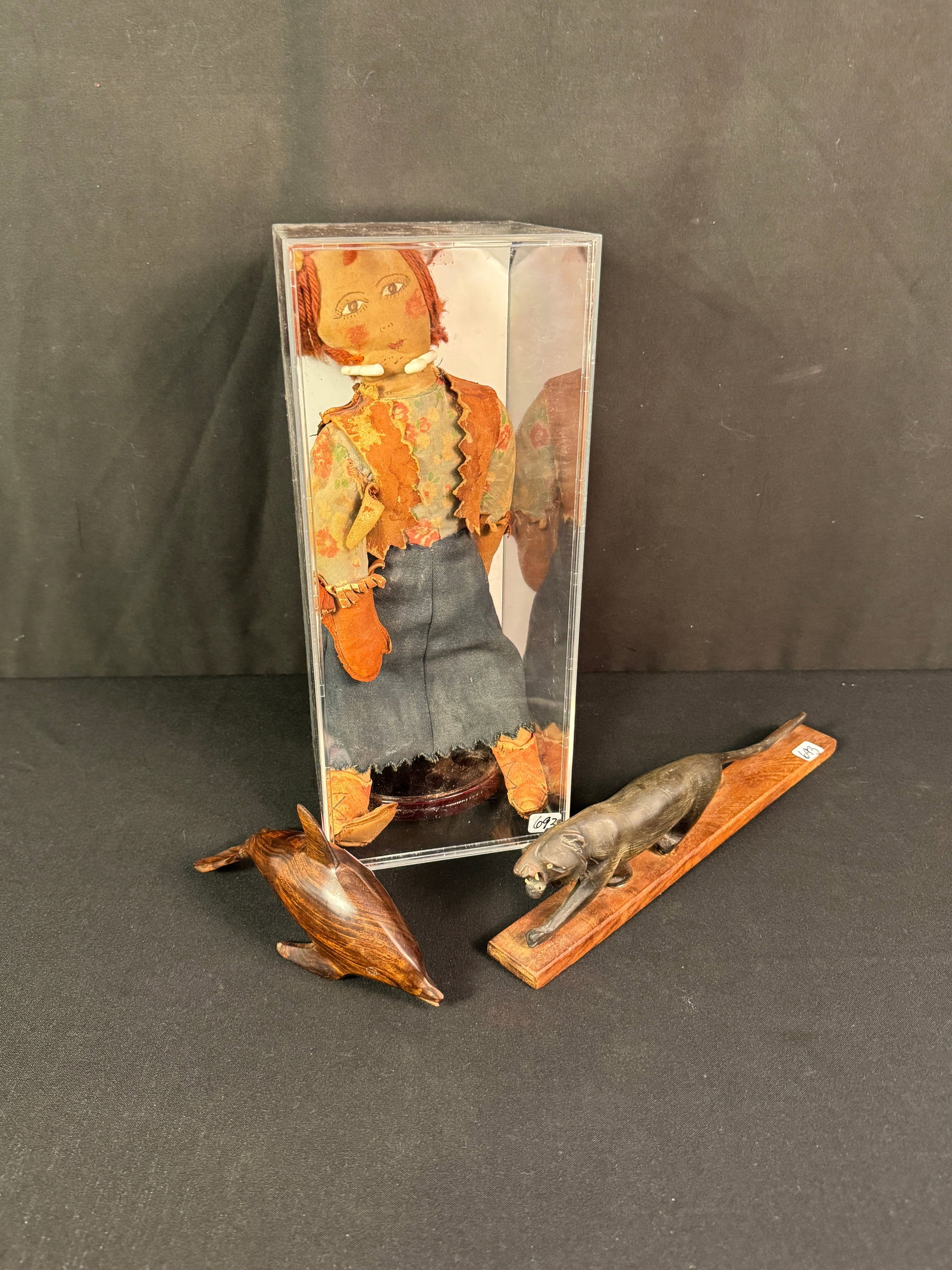 Folk Art Jaguar Horn Carving, 1900 Western Rag Doll, More!: A group hand carved and hand made Folk Art pieces to include a12" long hand carved jaguar carved from horn on a wooden base with bone teeth and eyes (missing one tooth), a 15" tall hand made Female Co