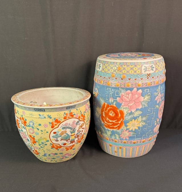 Vintage Chinese Porcelain Garden Stool and Oversized Coy Planter: A vintage floral garden stool (18.5" tall X 134" across) c1970's in excellent condition, and a large floral planter with coy on the inside c 1980's in excellent condition 13" tall X 15" across).