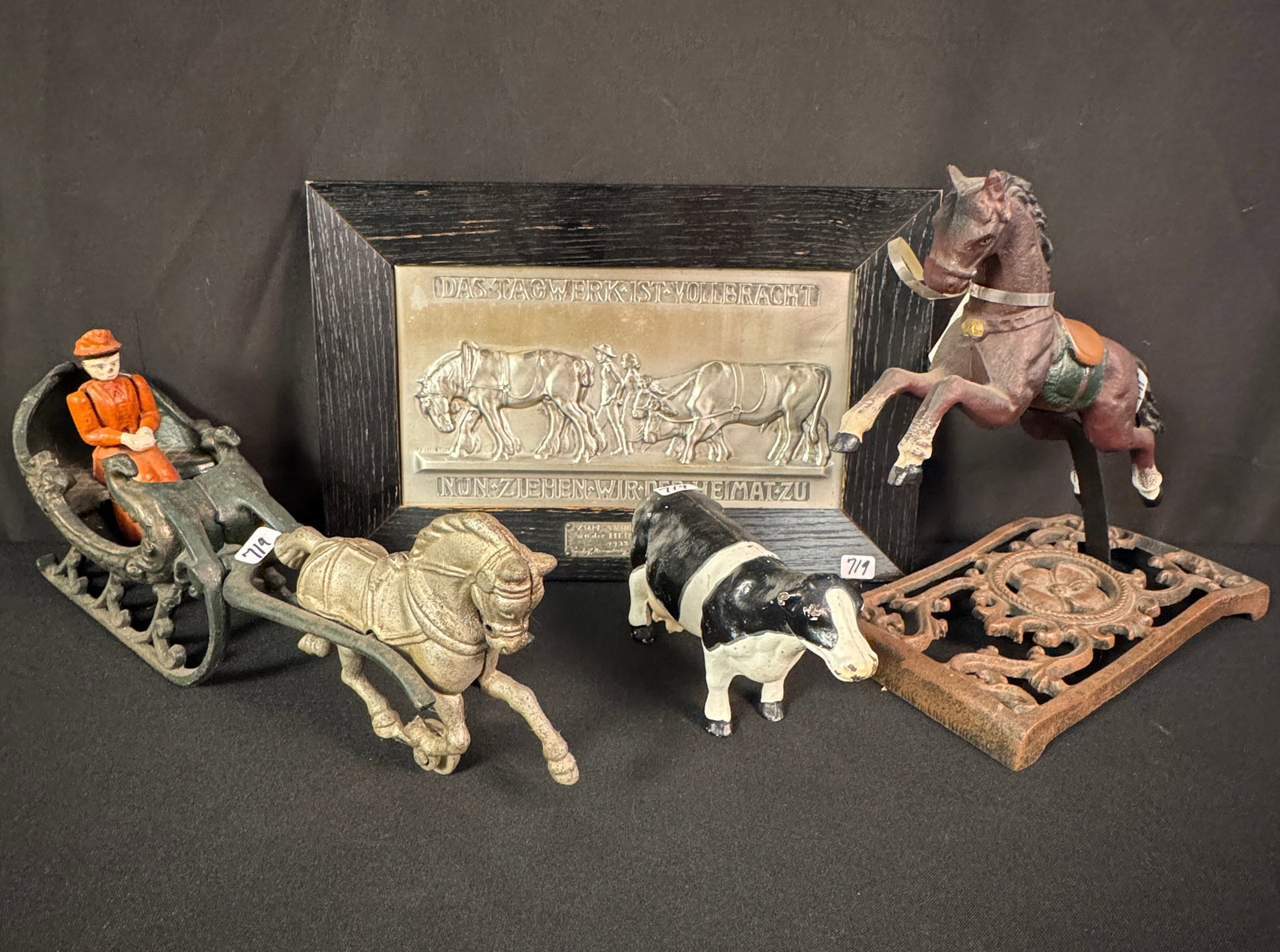 German Commemorative Wall Plaque, Friede-Kieser C.1932, More!: A German metal wall plaque by Friede- Kieser depicting a farm family, their horses and cows early 1900's with a plaque c.1932 that translates to "Now we move forward toward Home",. This is a line from