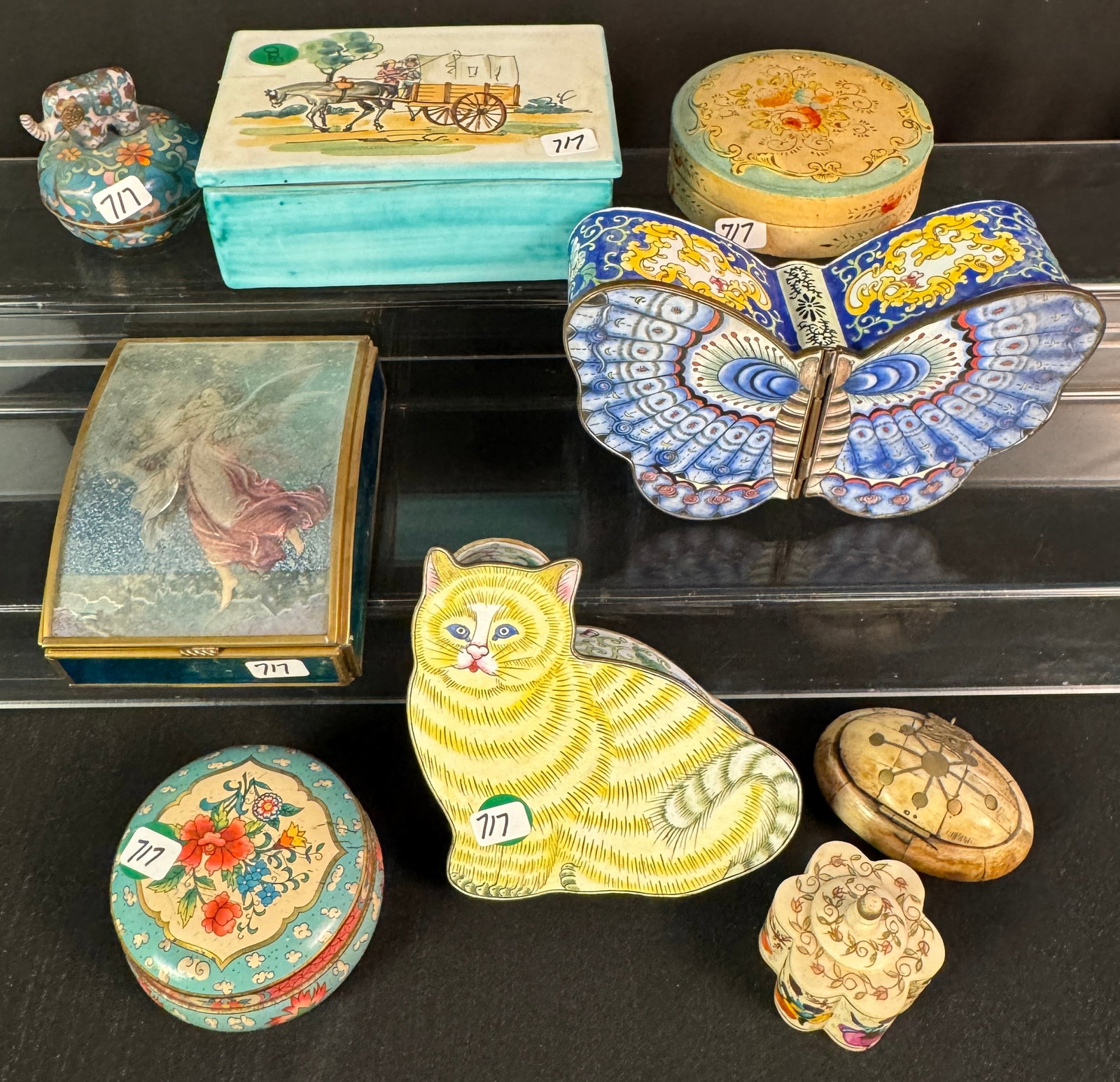 Group of Cloisonne & Enamel Boxes, More!: A group of Vintage fancy boxes to include a cloisonne double wing lid butterfly box (2: tall X 7" across), a painted enameled cat box, a Sanko stained glass music box that plays wind beneath my wings 