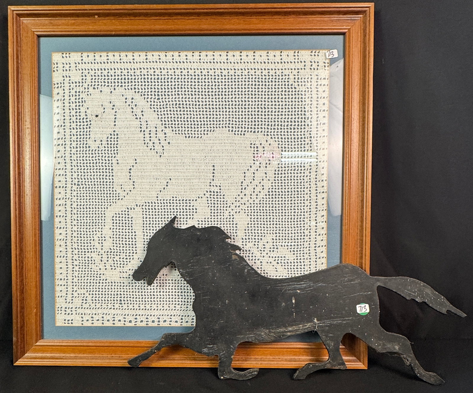 Horse Thremed Group, Crochet Iron Galloping Horse: A horse themed group of vintage objects to include a quality framed Crochet pattern of a standing horse ( 24" X 24" square), an iron silhouette of a galloping horse (11" tall X 22" across.