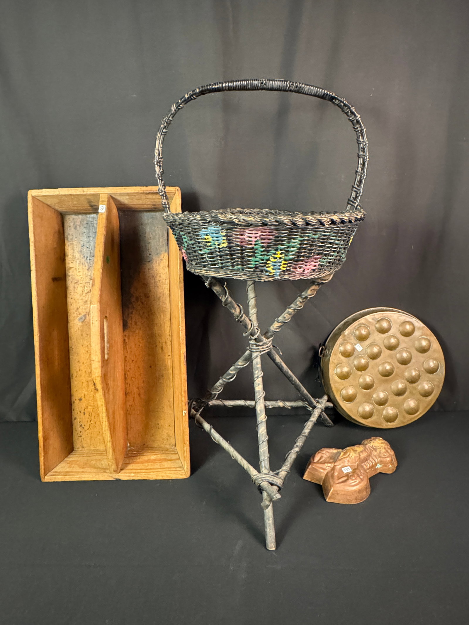 Folk Art Sewing Stand & More: A folk art twig sewing stand, an early tool tote, a large round copper mold, and a lobster copper mold. All in good condition.