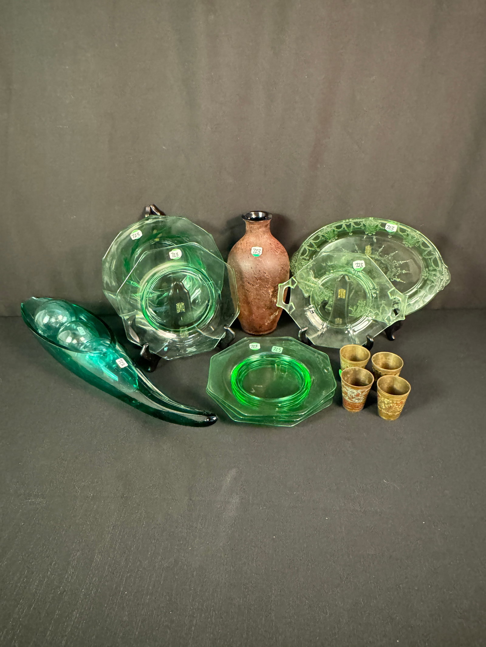 Blenko Cornucopia, Group of Depression Glass, More!: A group of Depression glass to include 2 relish plates that flourless, four 8" Octagonal plates, a Heisy "Moon gleam" twist bowl c1920's, a 1950's BLenko Cornucopia bowl designed by Wayne Hused that