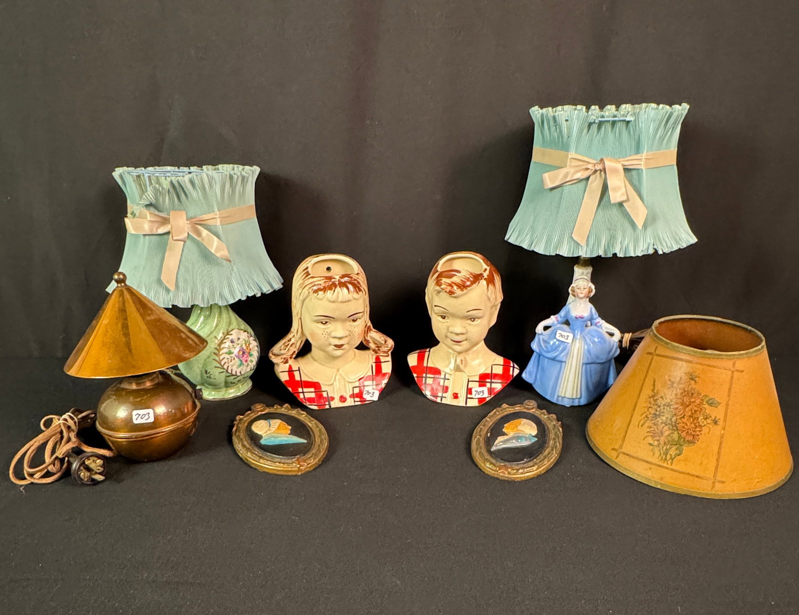 Vintage Boudiour Lamps, More!: A group of Vintage boudoir lamps and decorative items to include a German porcelain Figural lamp of a colonial style lady, and Aerts and crafts lamp (dents noted), a porcelain ball lamp with painted f