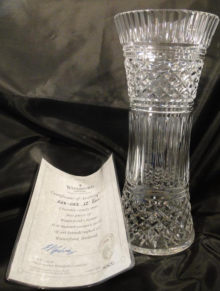 Large 12" tall Waterford crystal vase #224-022 with: Large 12" tall Waterford crystal vase #224-022 with signed Dr. E. P. Gavin Waterford certificate of authenticity that reads "I hereby certify that this piece of Waterford Crystal is a master cutters w